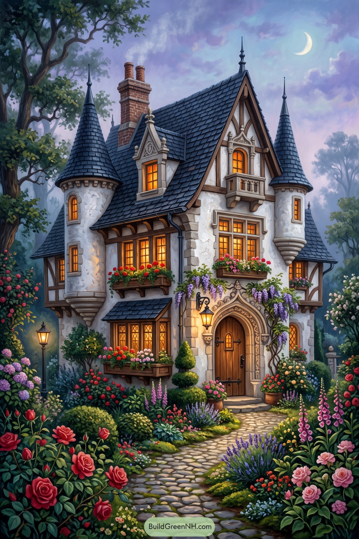 Storybook castle with slate turrets glowing windows and a flower-filled garden path