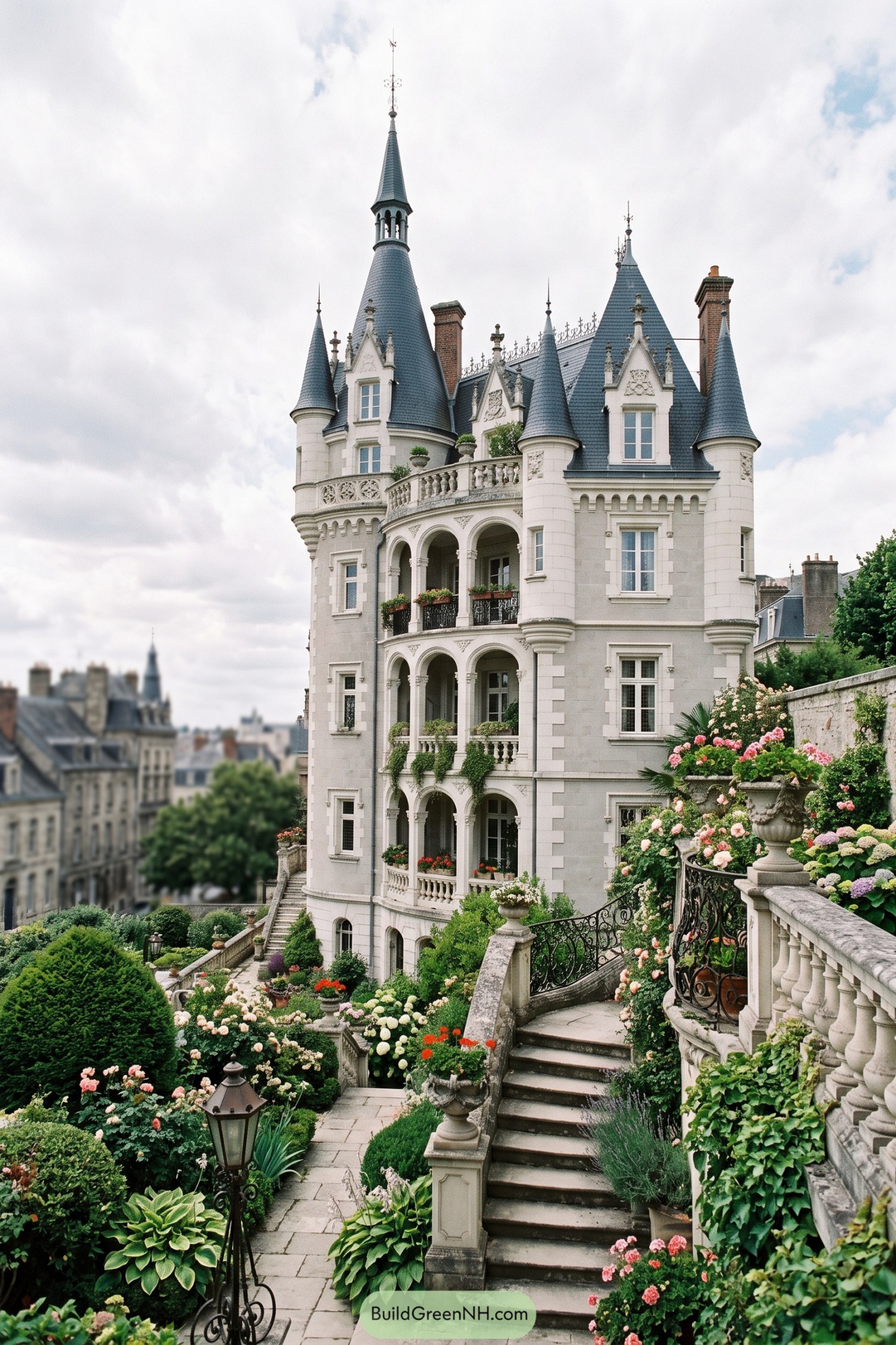 Stone villa with slate spires and terraced flower gardens