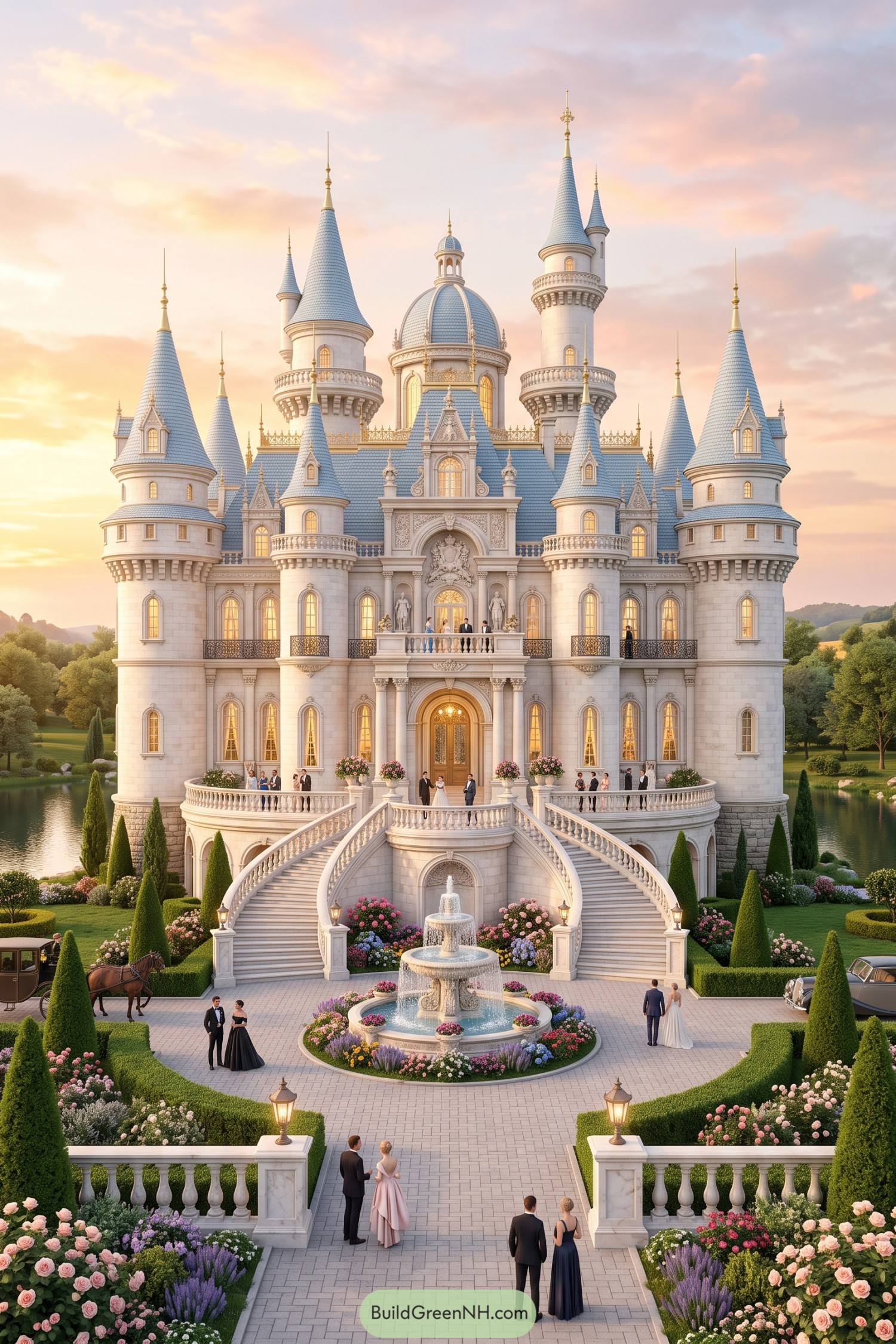 White stone castle with blue spires and formal fountain garden
