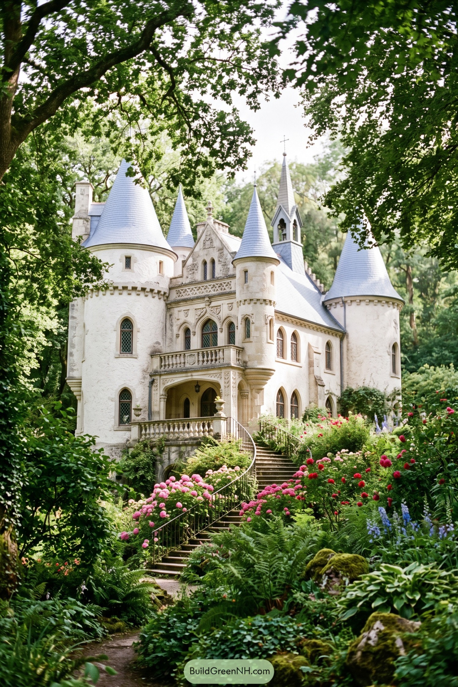White turreted castle with garden stairway beneath leafy trees
