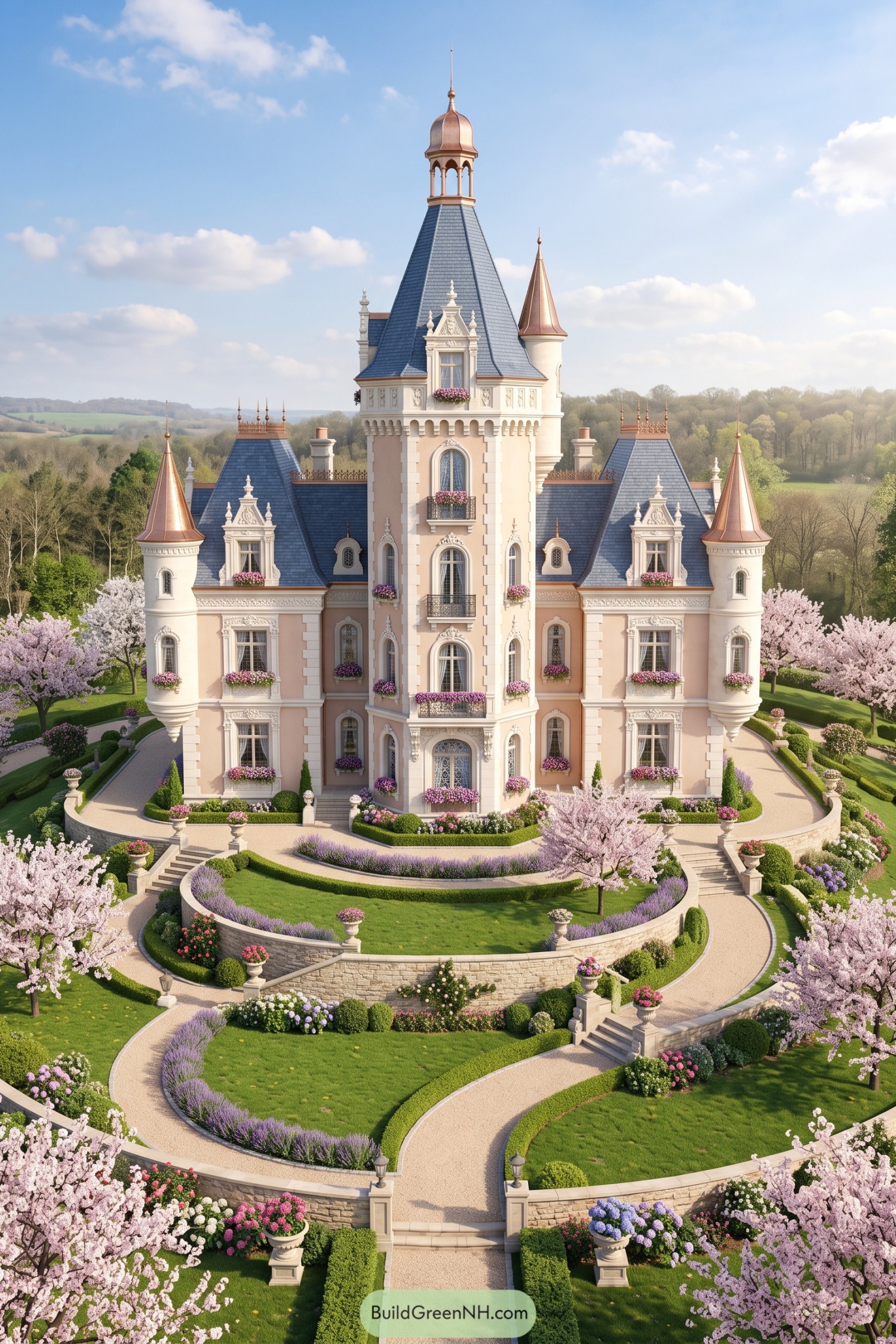 Pastel castle with copper turrets and blooming formal gardens