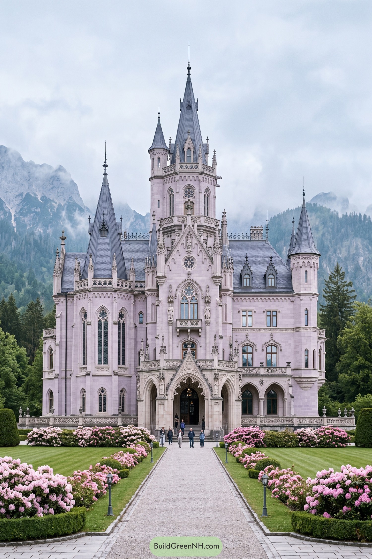Pale Gothic castle with slate spires and pink flower gardens