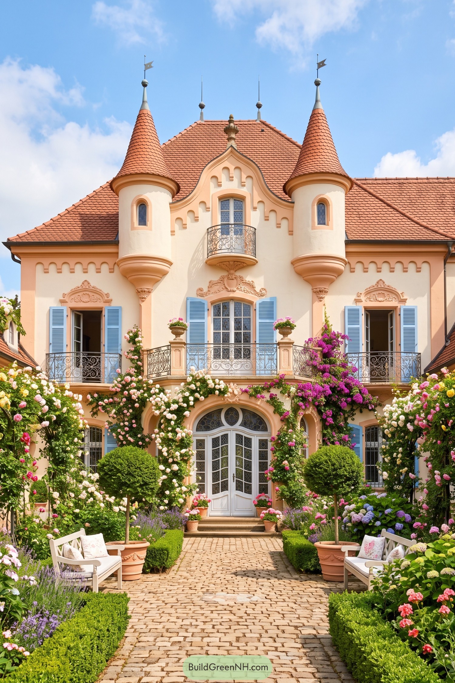 Pastel castle facade with twin turrets blue shutters and flowering garden