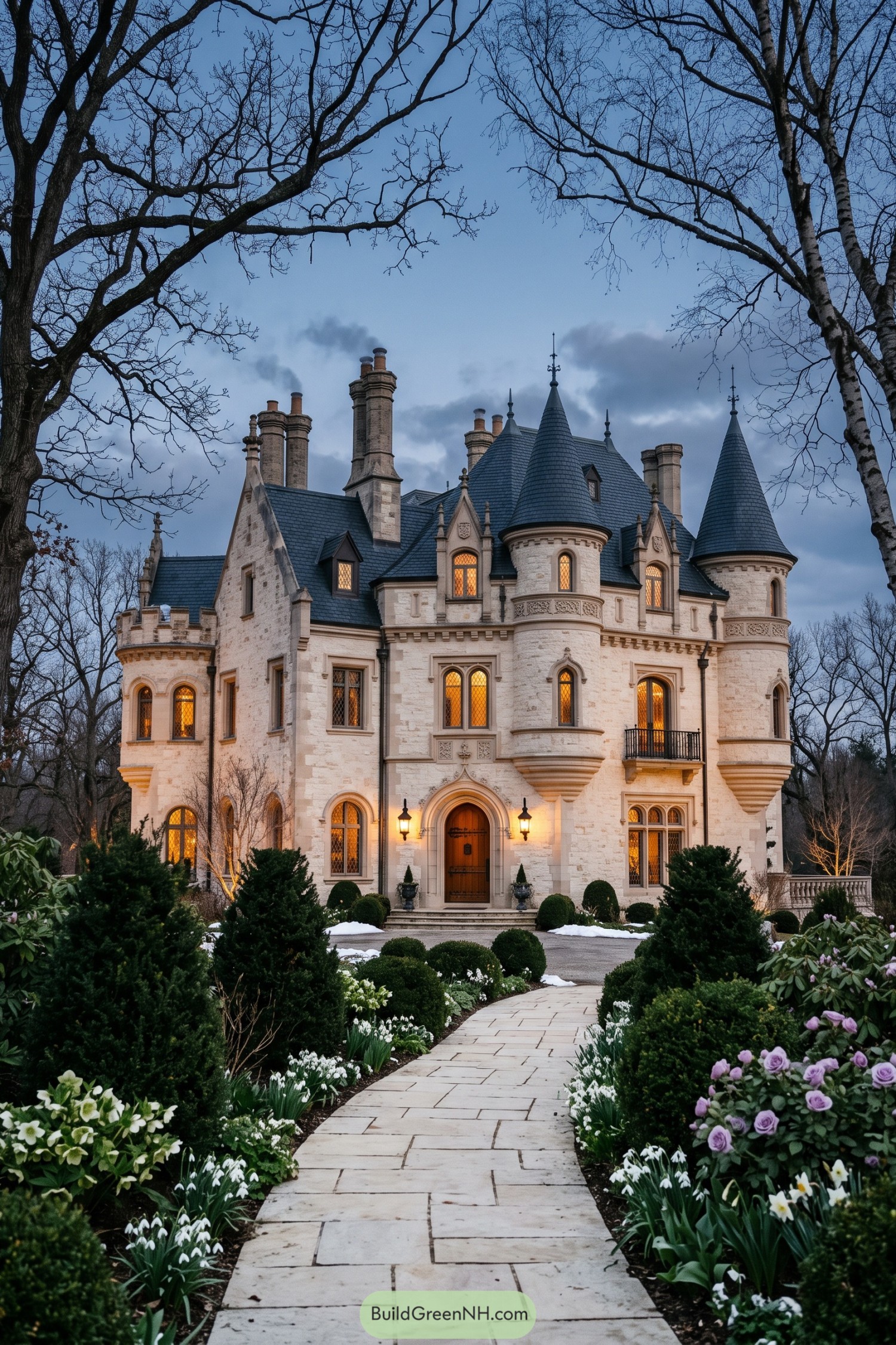 Pale stone fairytale castle with blue conical turrets and a flower-lined path at dusk