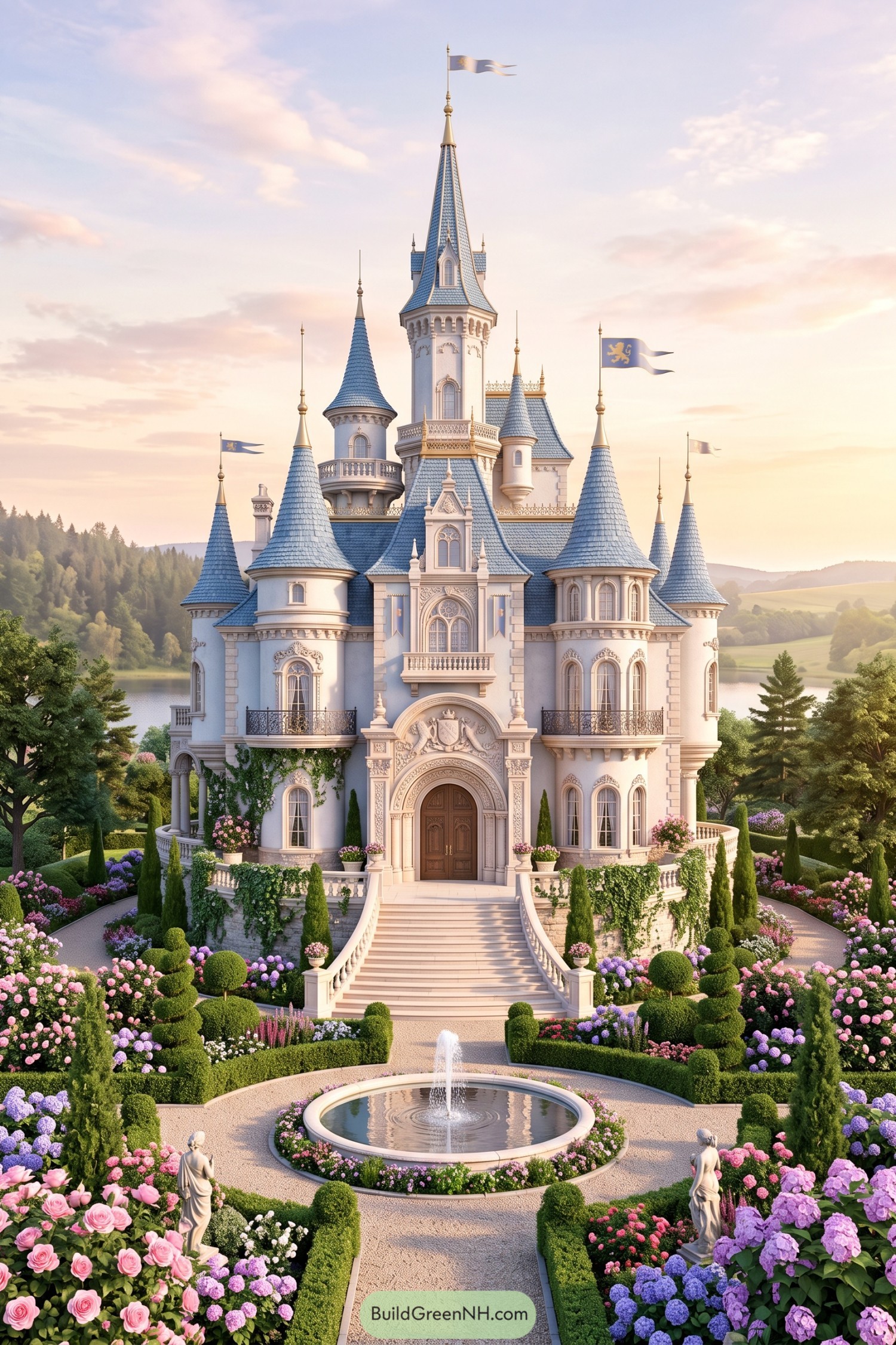 White castle with blue spires above a formal flower garden and fountain