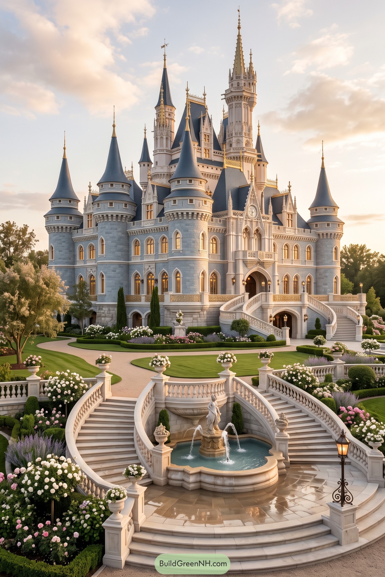 Pale stone castle with blue spires and fountain stairs