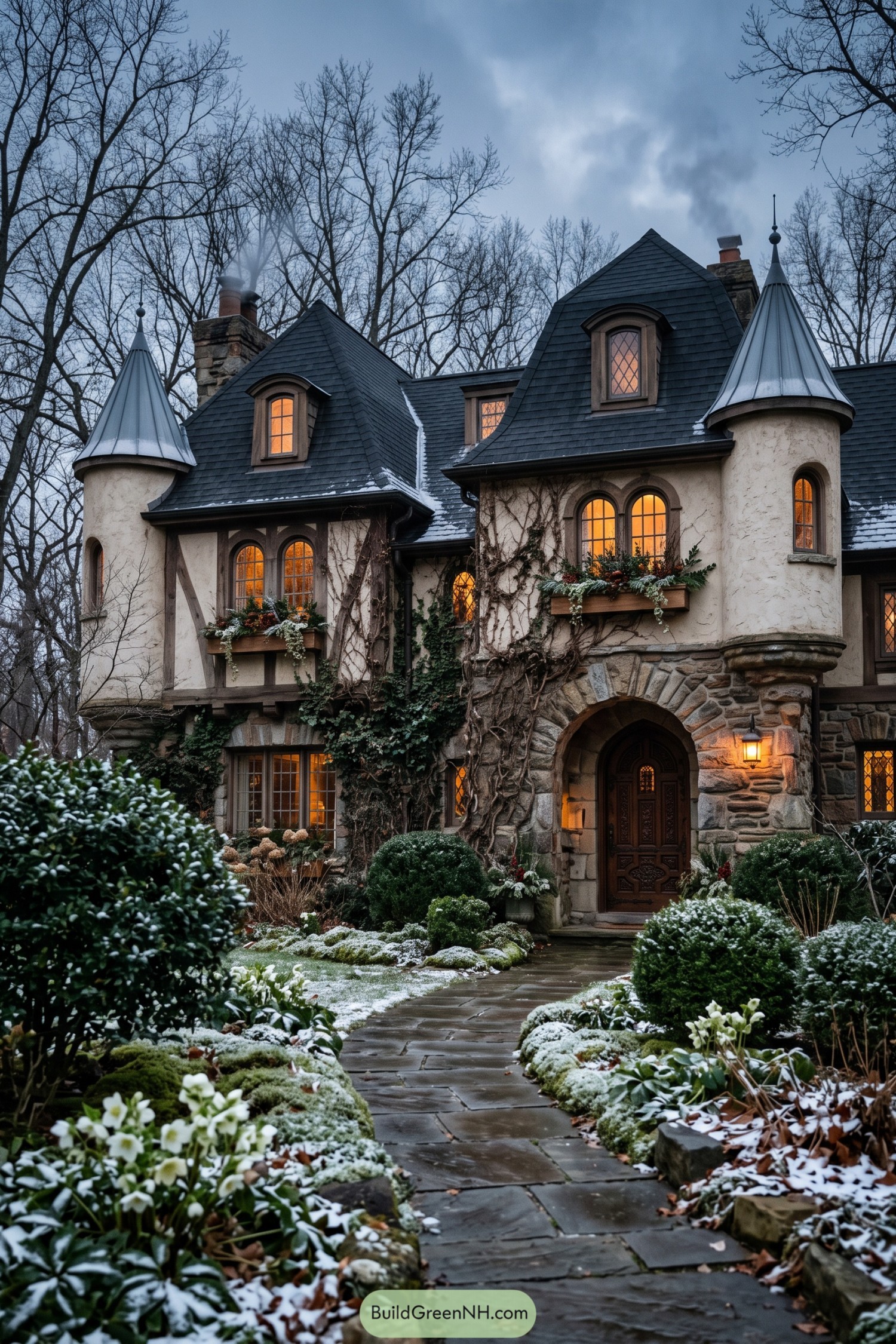 Stone turret manor with glowing windows in a snowy woodland garden