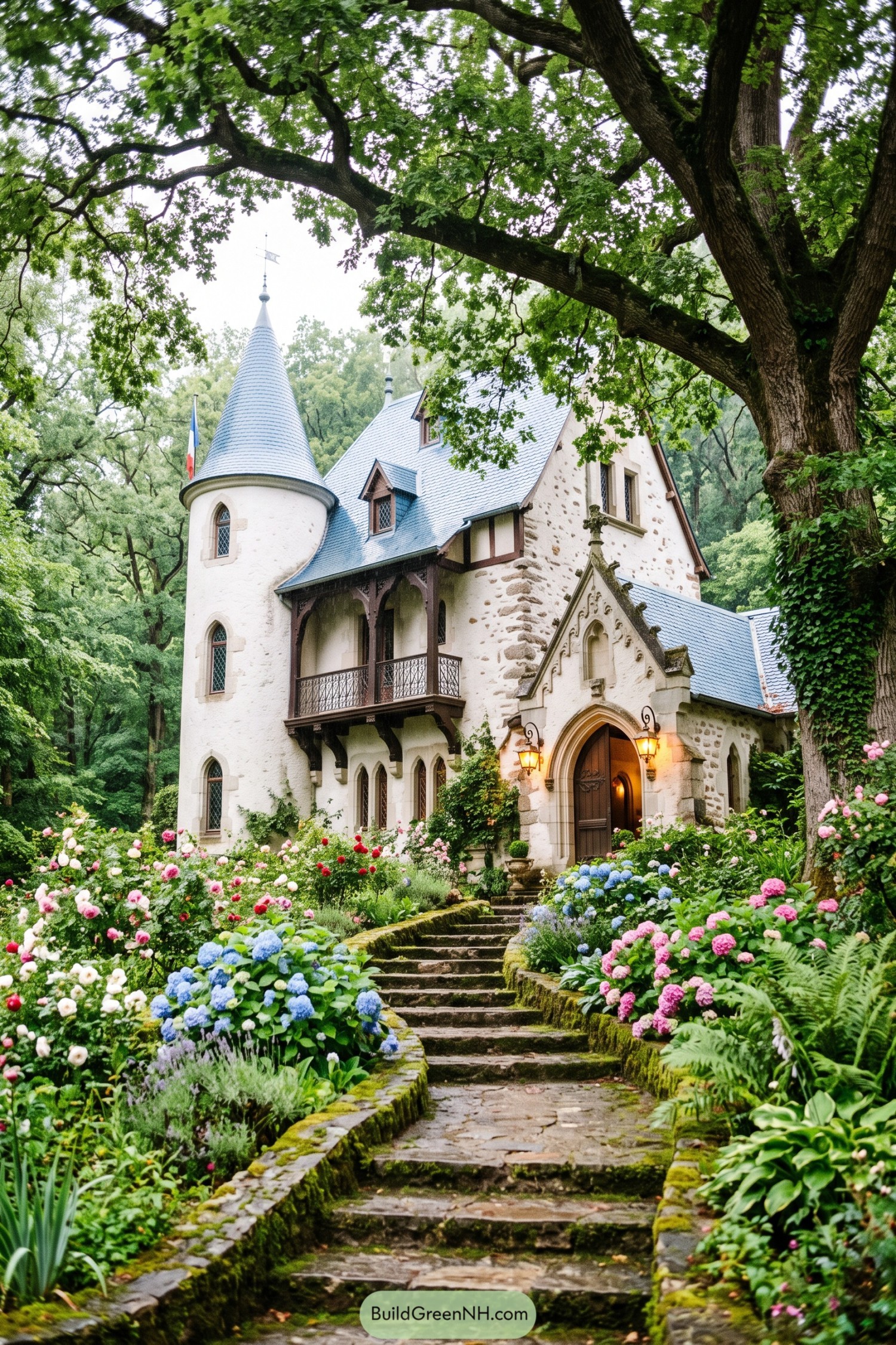 Woodland castle cottage with a round tower and flower-lined path
