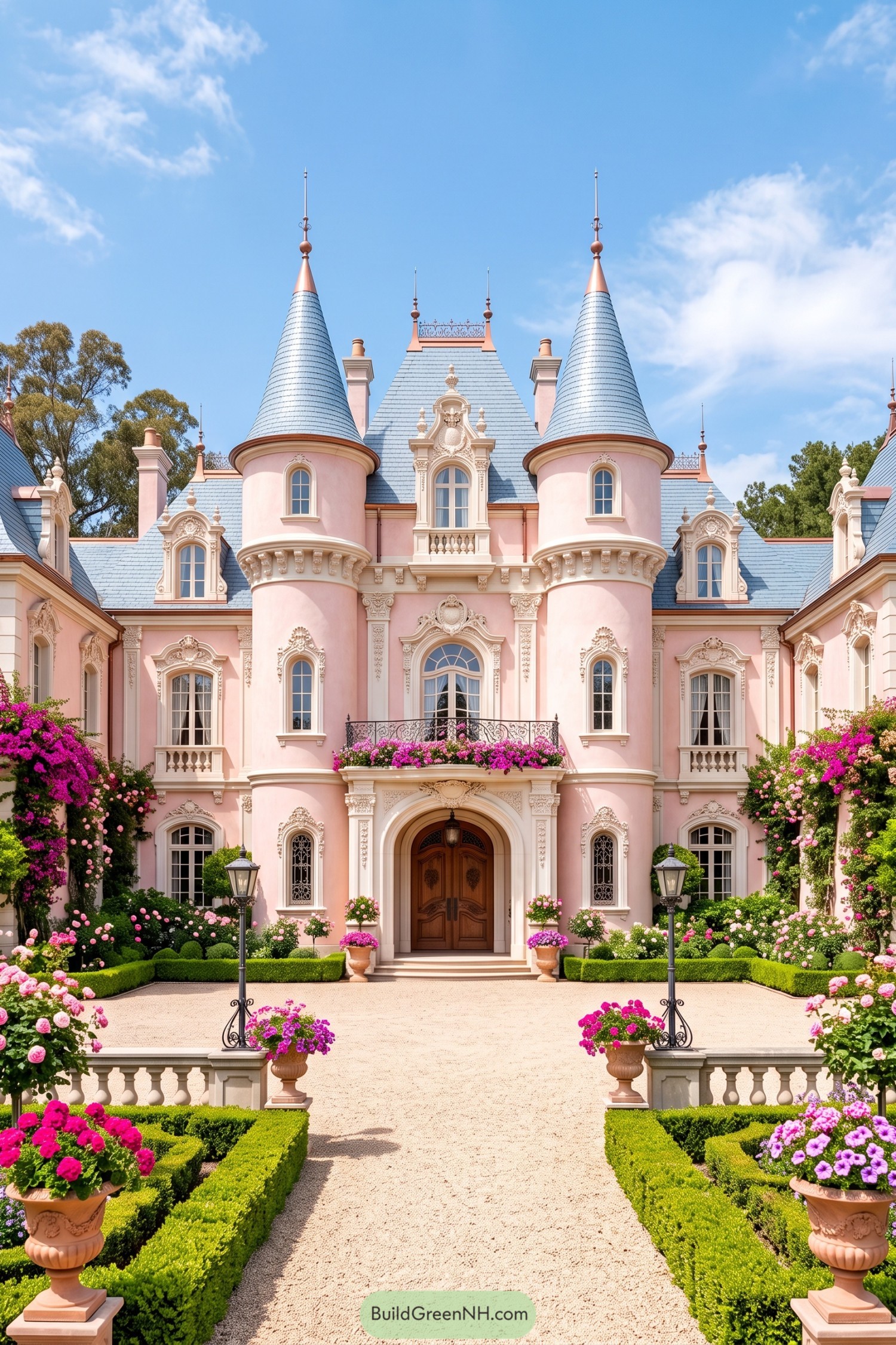 Pink rococo castle with blue conical towers and formal flower gardens