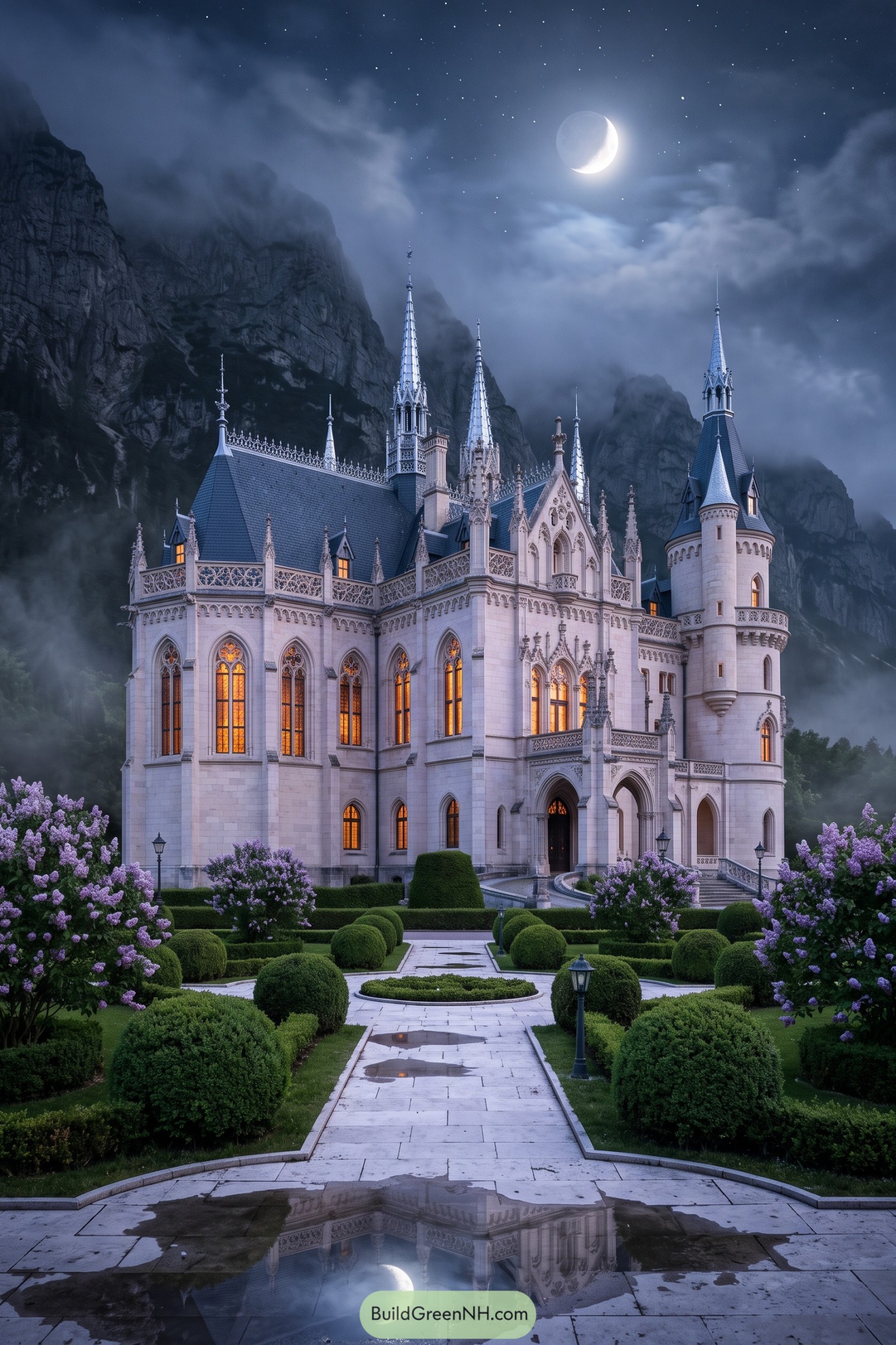 White Gothic castle with silver spires beneath a crescent moon