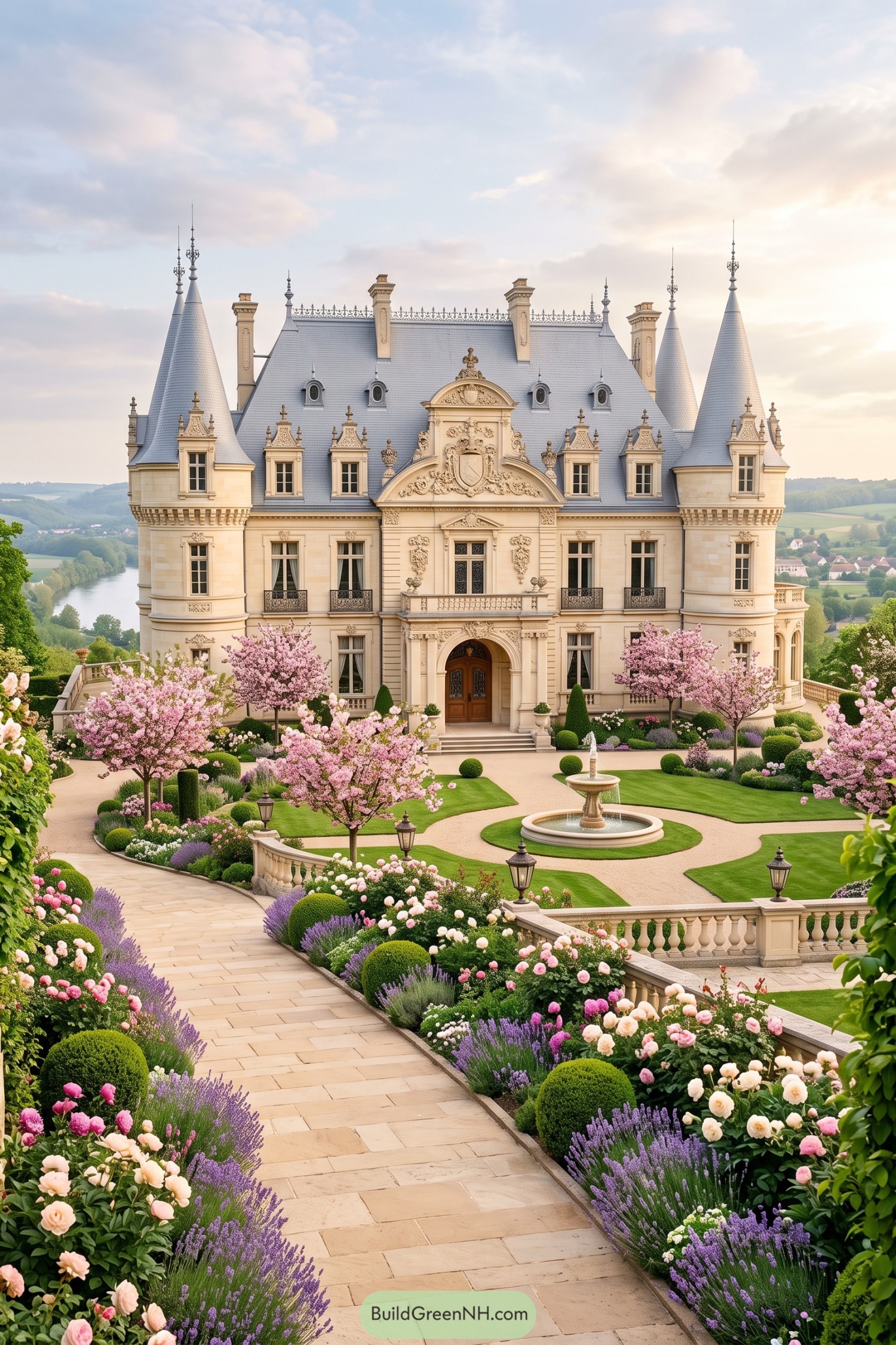 Ornate cream château with blue turrets and formal flower gardens