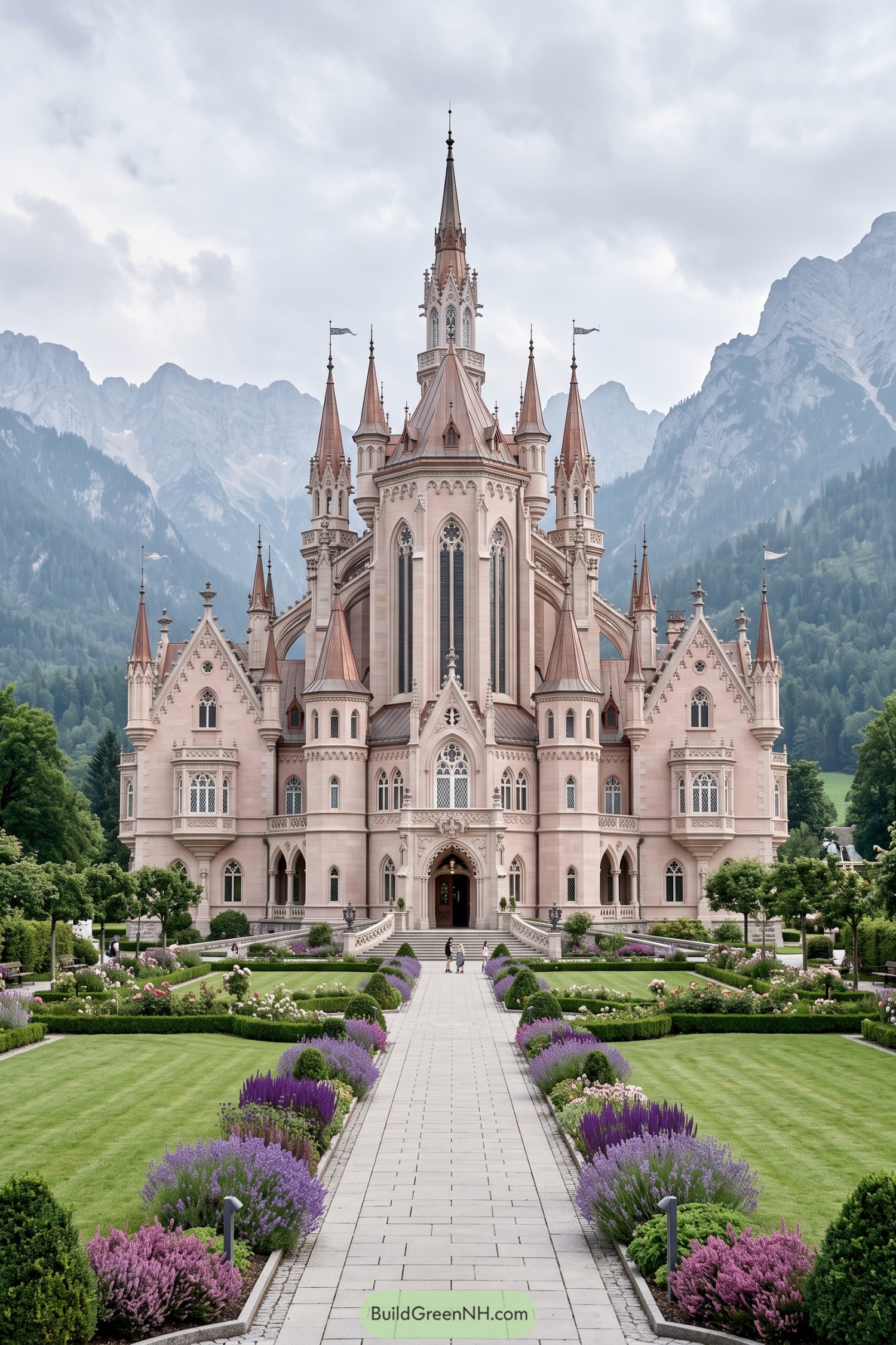 Pale pink Gothic castle with tall spires before mountain peaks and formal flower gardens