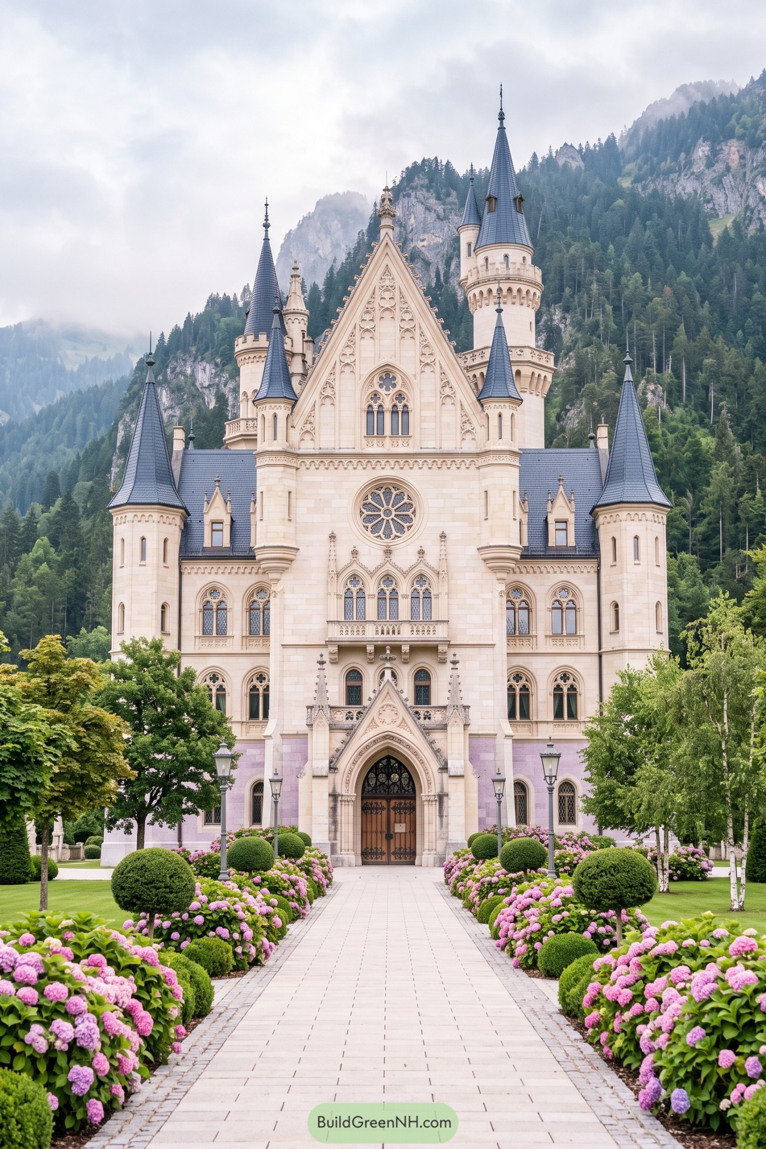 Cream Gothic castle with blue spires before forested mountains