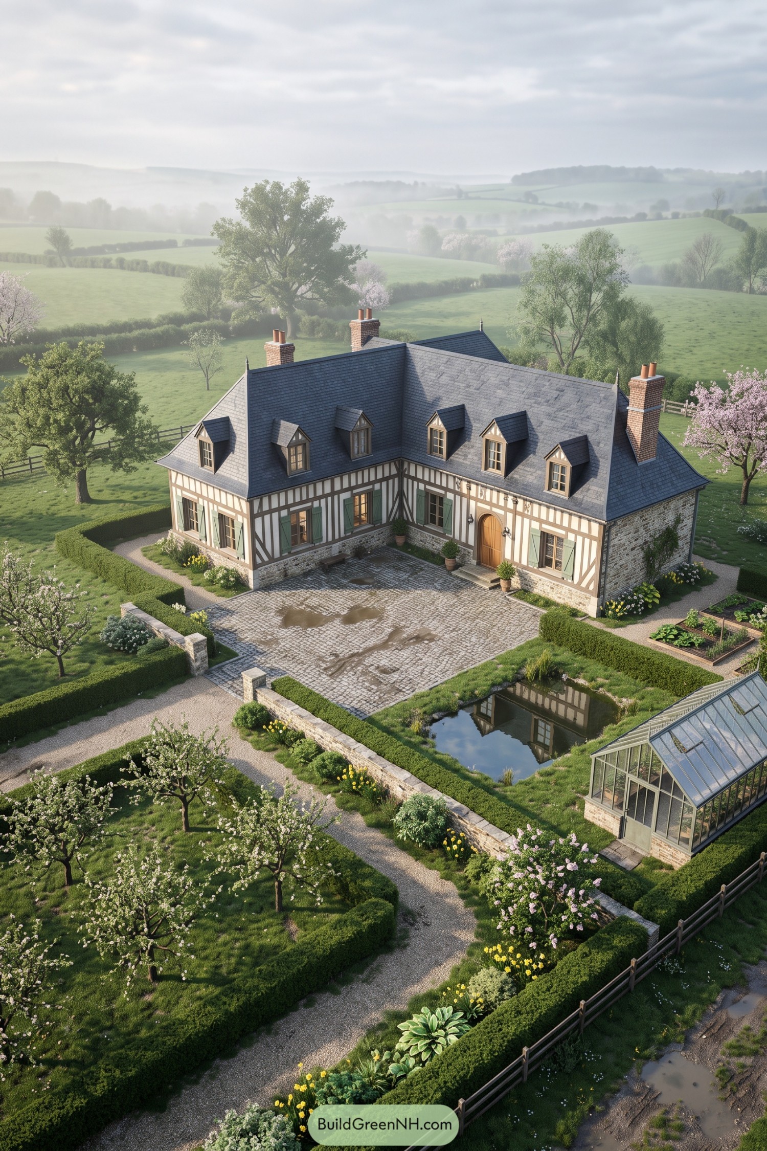 Timber-framed Normandy villa with orchard gardens and greenhouse