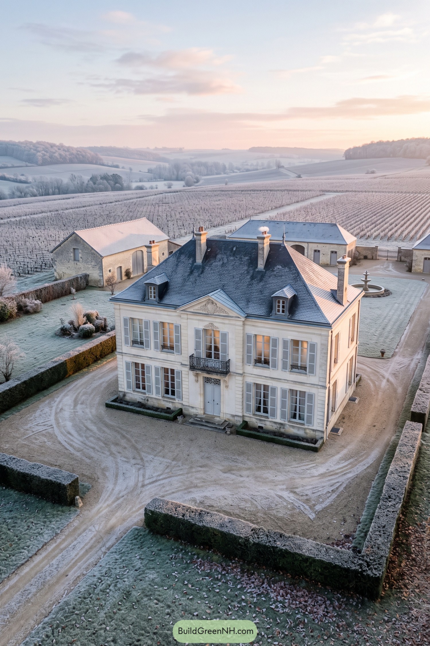 Neoclassical French maison with frosted vineyards and courtyard outbuildings