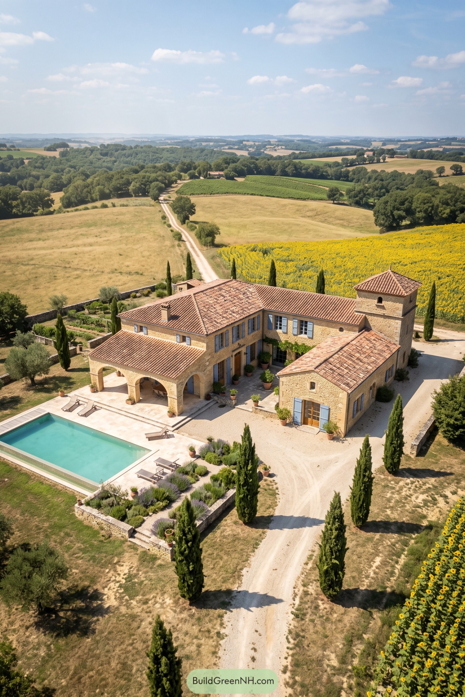 Stone bastide with blue shutters beside sunflower fields and a pool