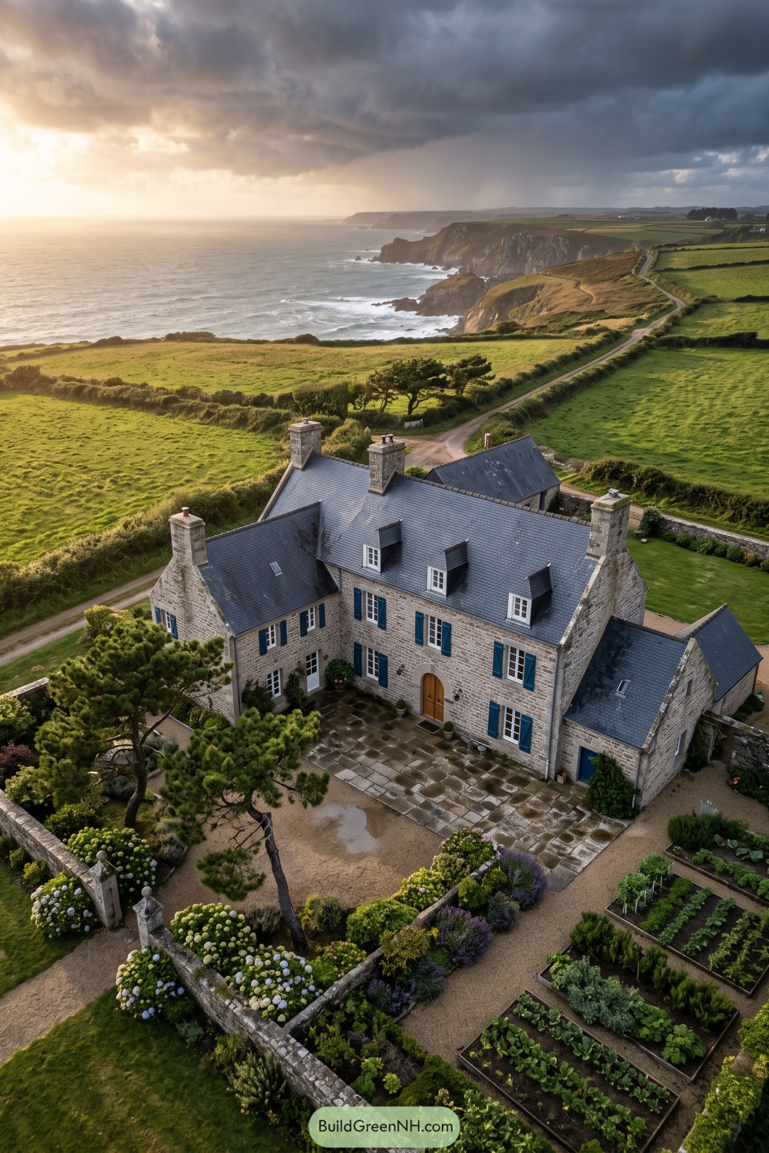 Granite coastal maison with blue shutters and kitchen garden