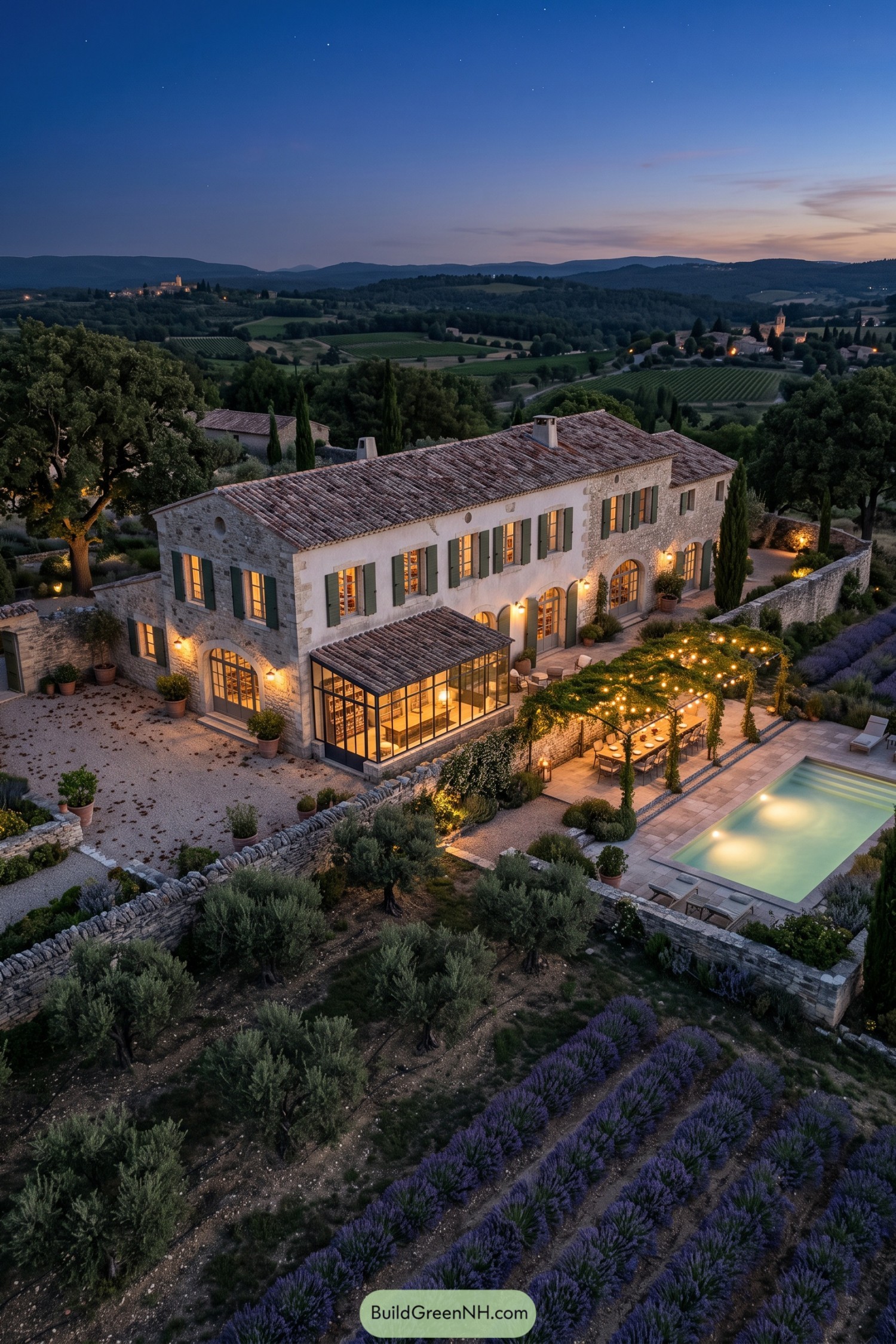 Twilight stone bastide with olive groves lavender and pool