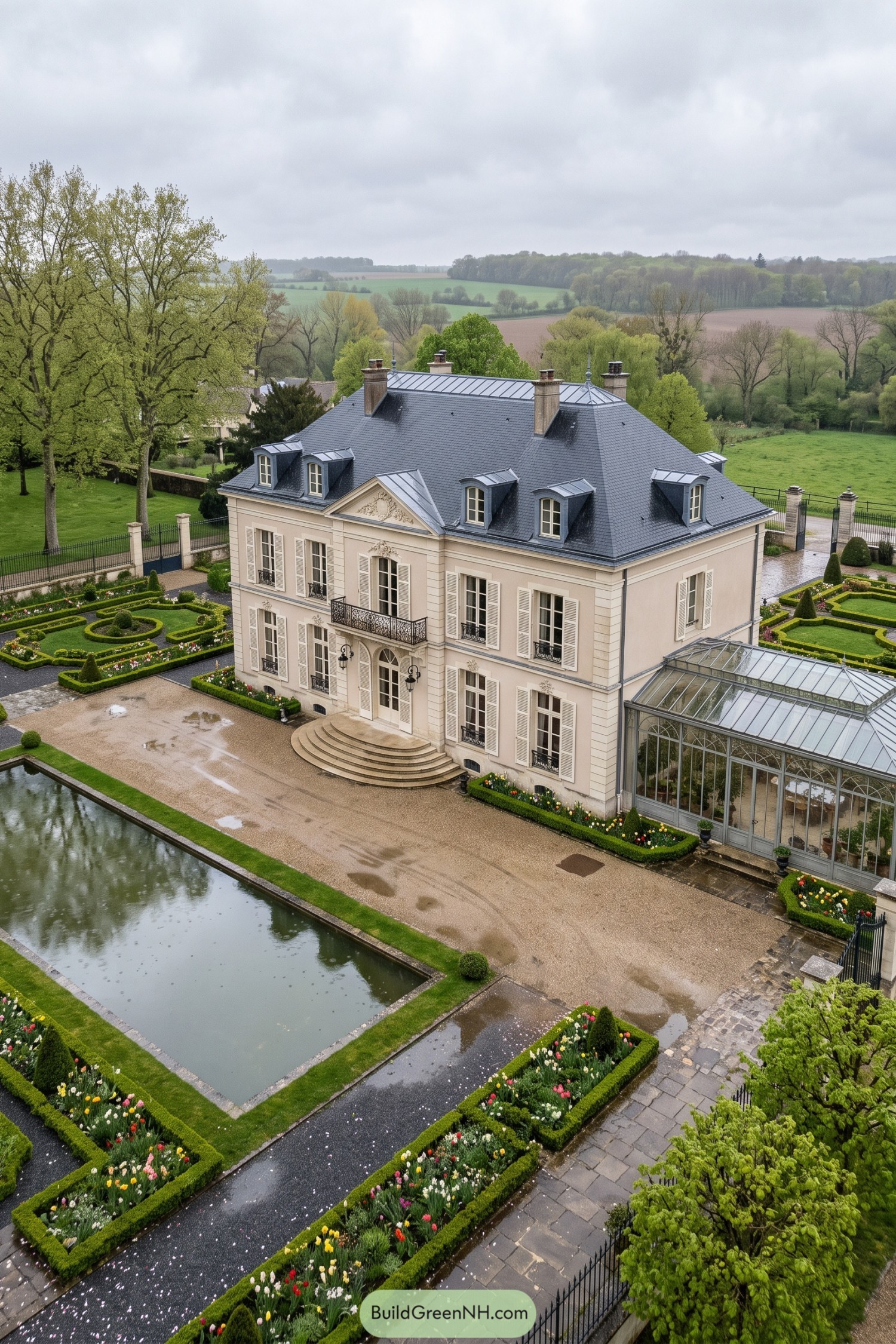 Pale stone manor with glass conservatory and tulip gardens beside a reflecting pool
