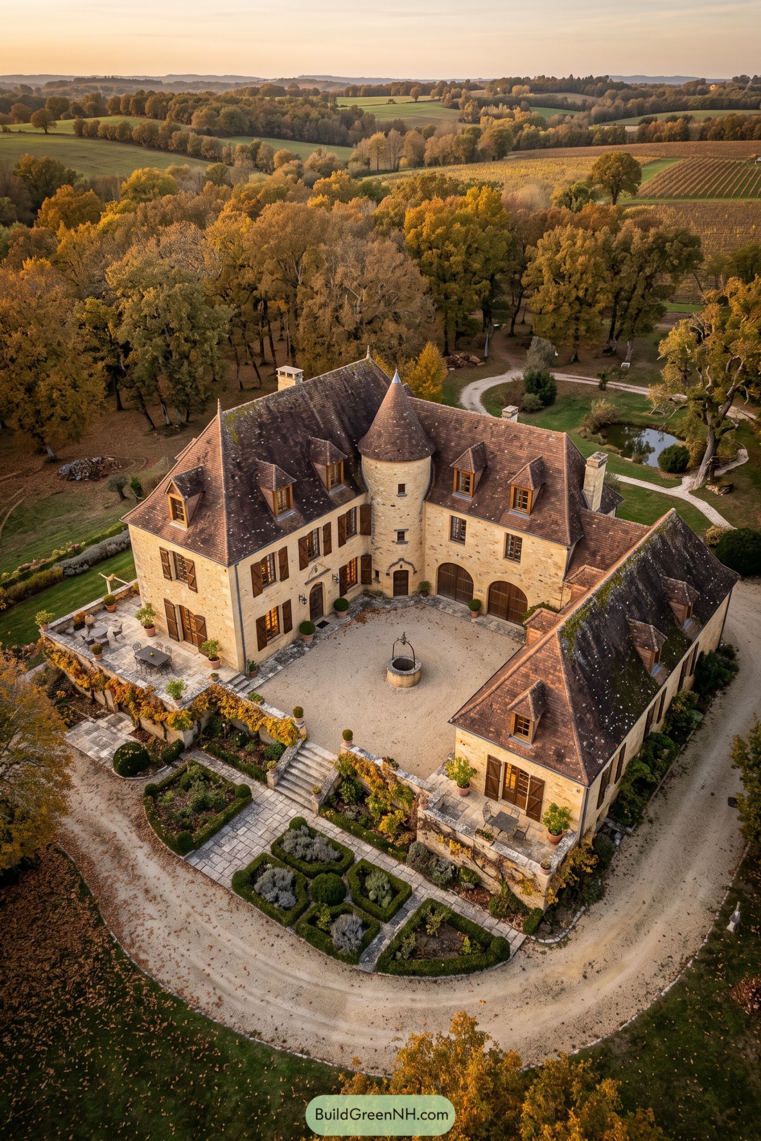 A limestone French residence with a round tower and courtyard garden