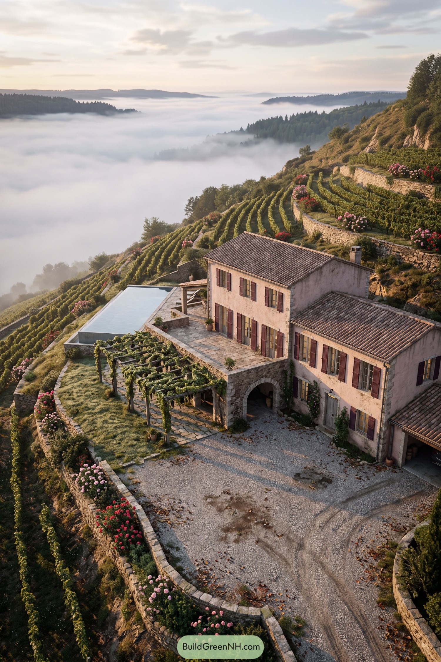 Terraced hillside maison with vineyards pool and misty valley views