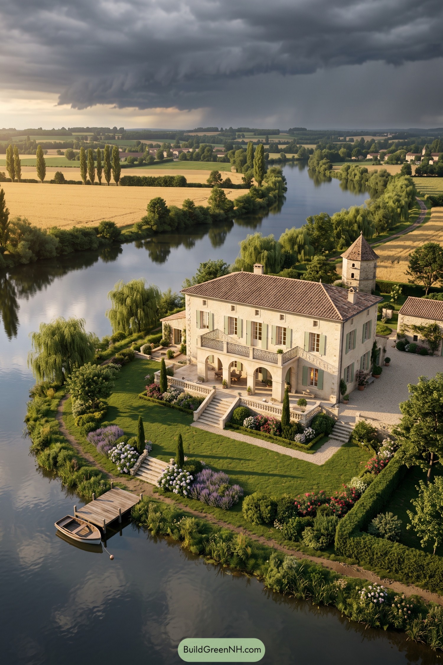 Stone maison with green shutters beside a river and private dock