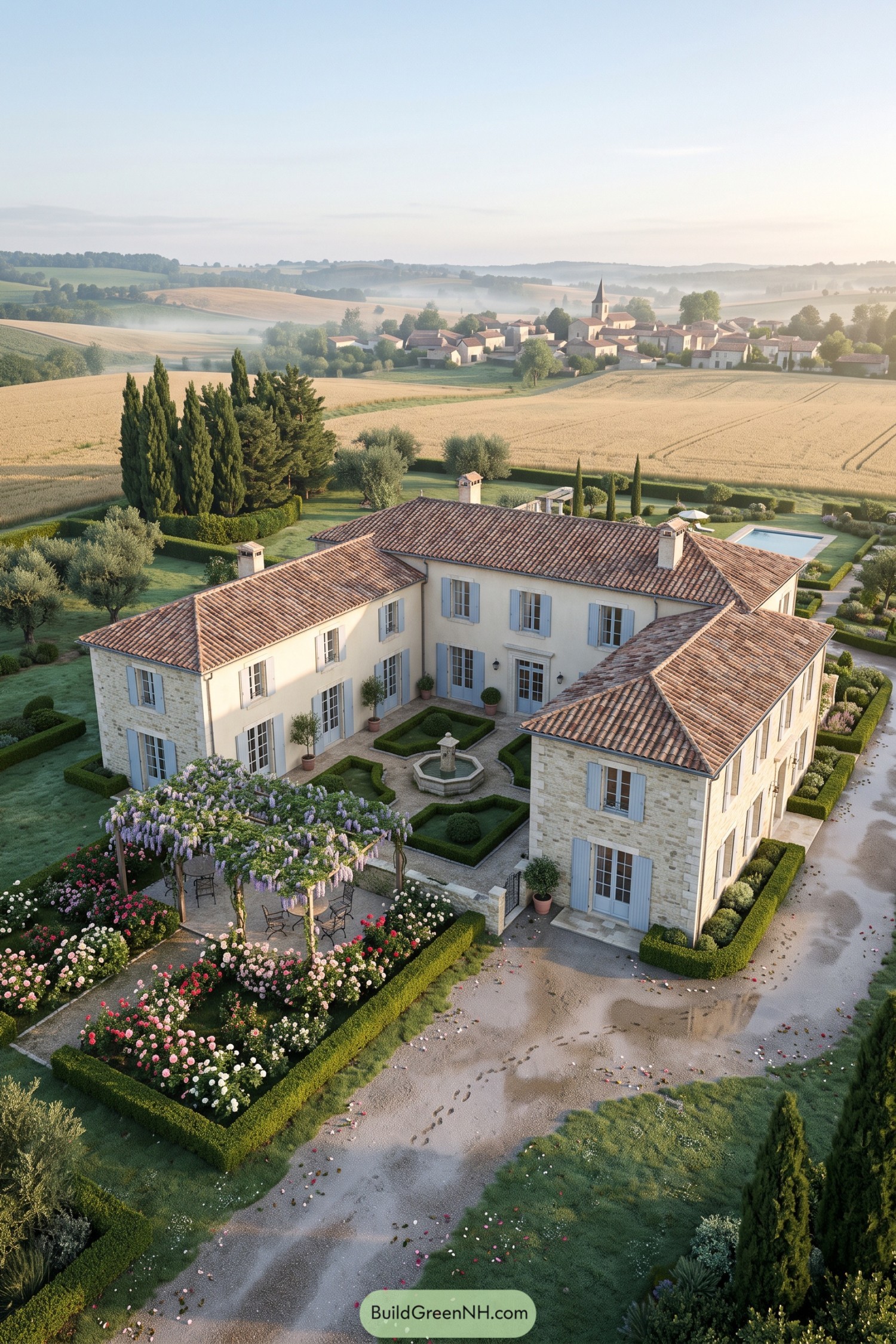 French country maison with blue shutters and a wisteria courtyard