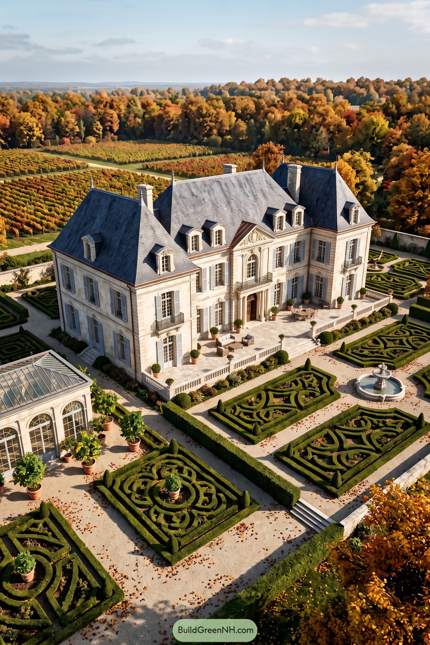 French château with slate roofs beside formal gardens and vineyards