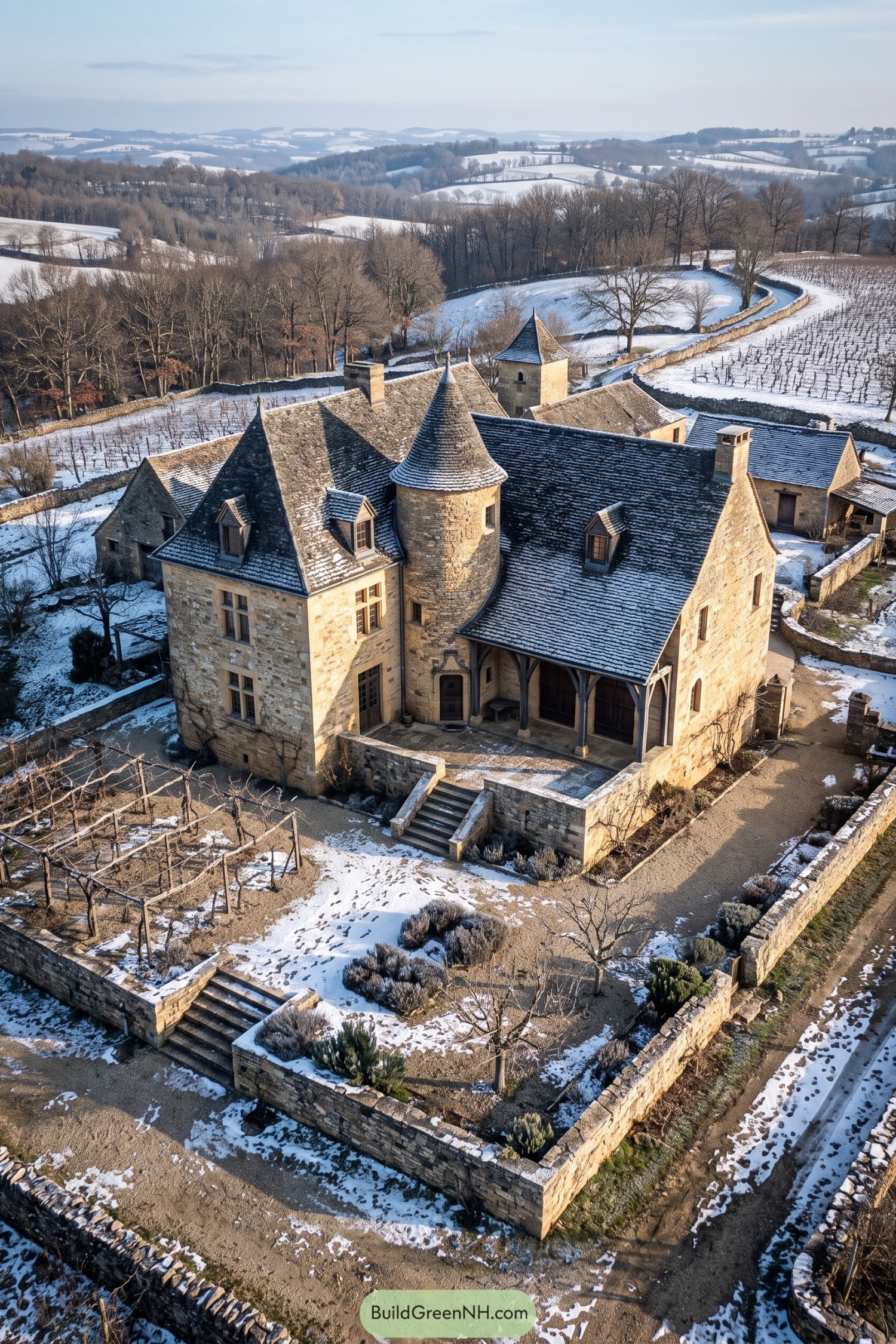 Stone manor with conical towers beside snowy vineyards