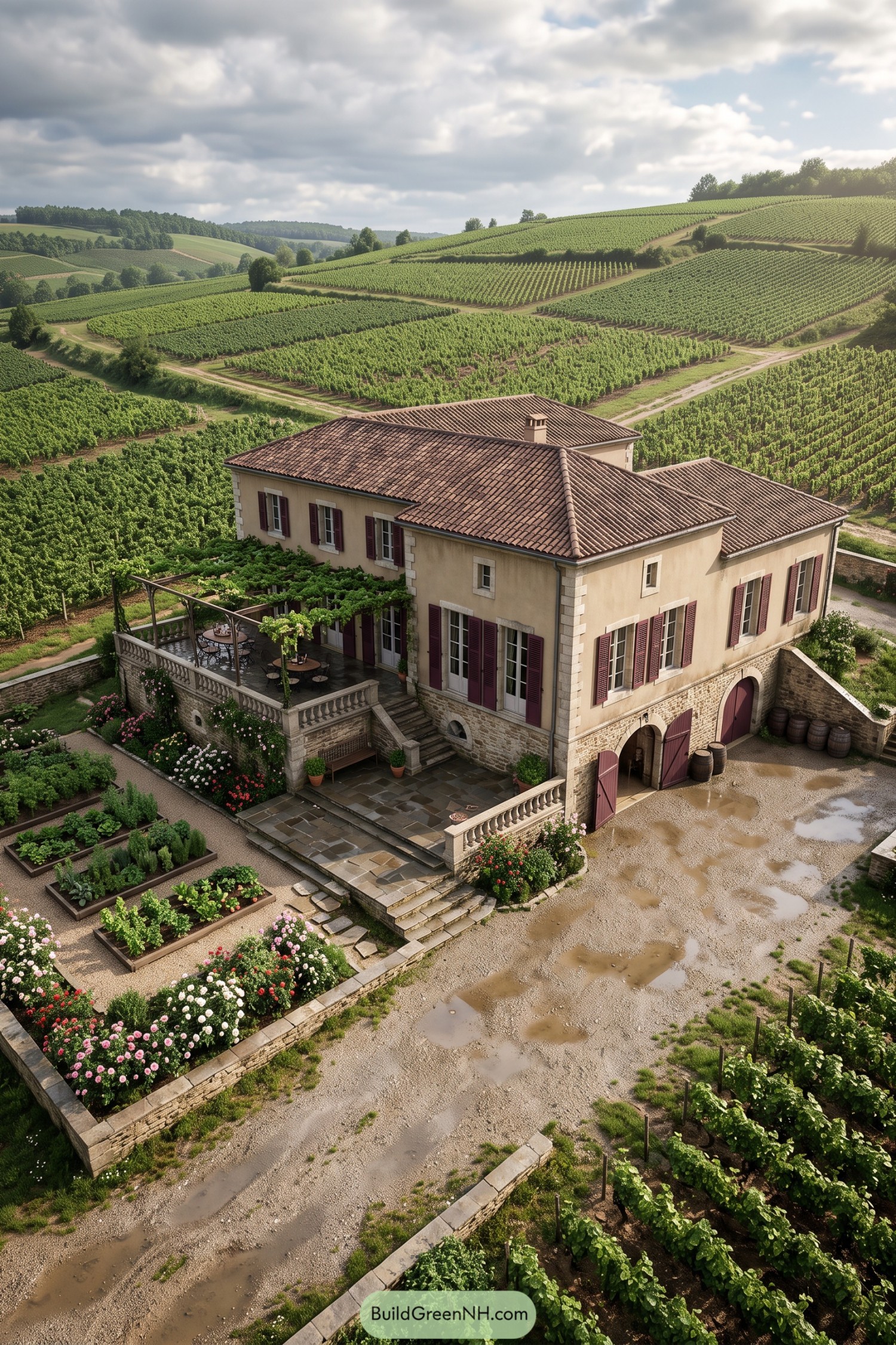 Vineyard estate with burgundy shutters and garden terrace
