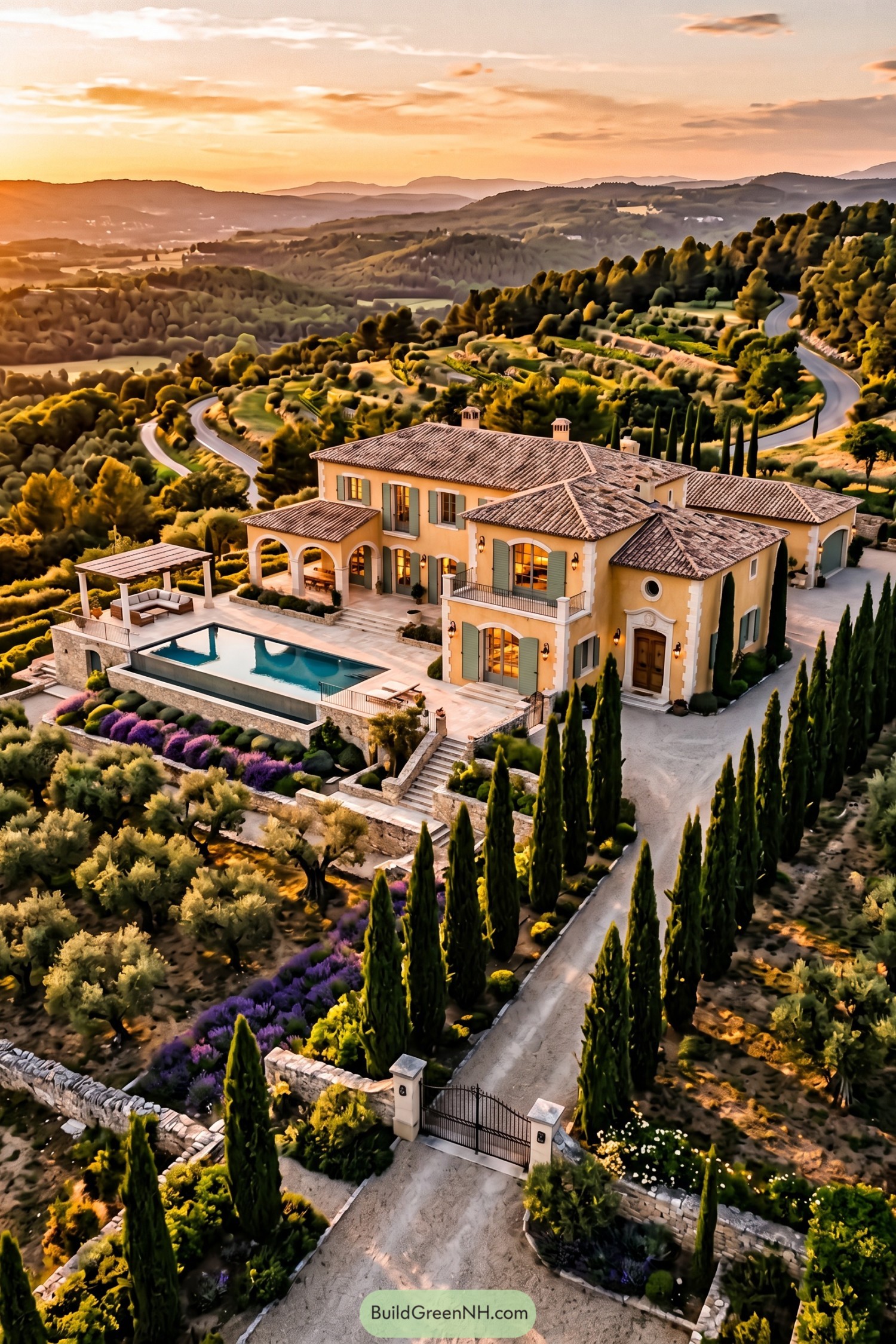 Sunset view of a cypress-lined French villa with pool