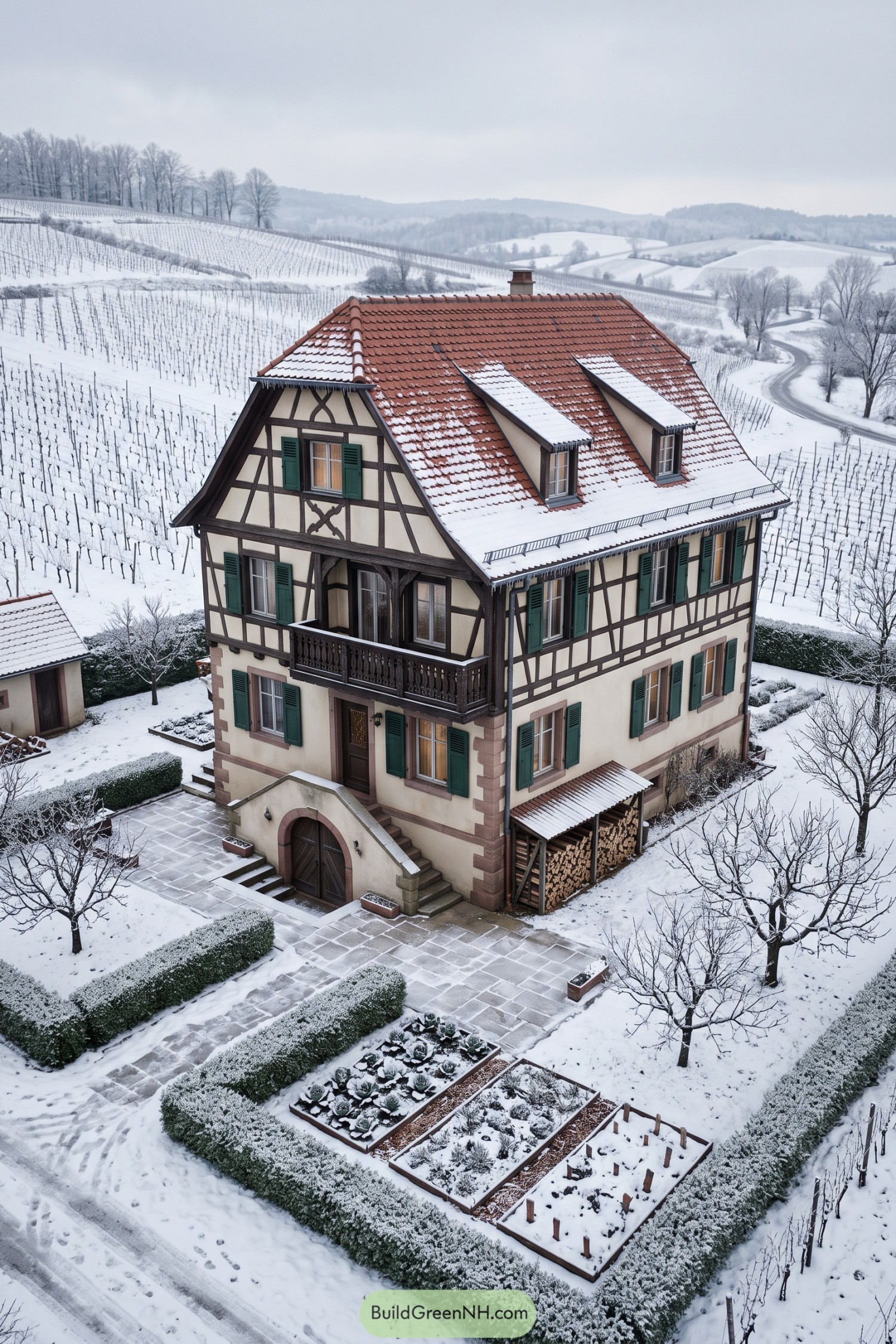 Half timbered villa with green shutters beside snowy vineyards