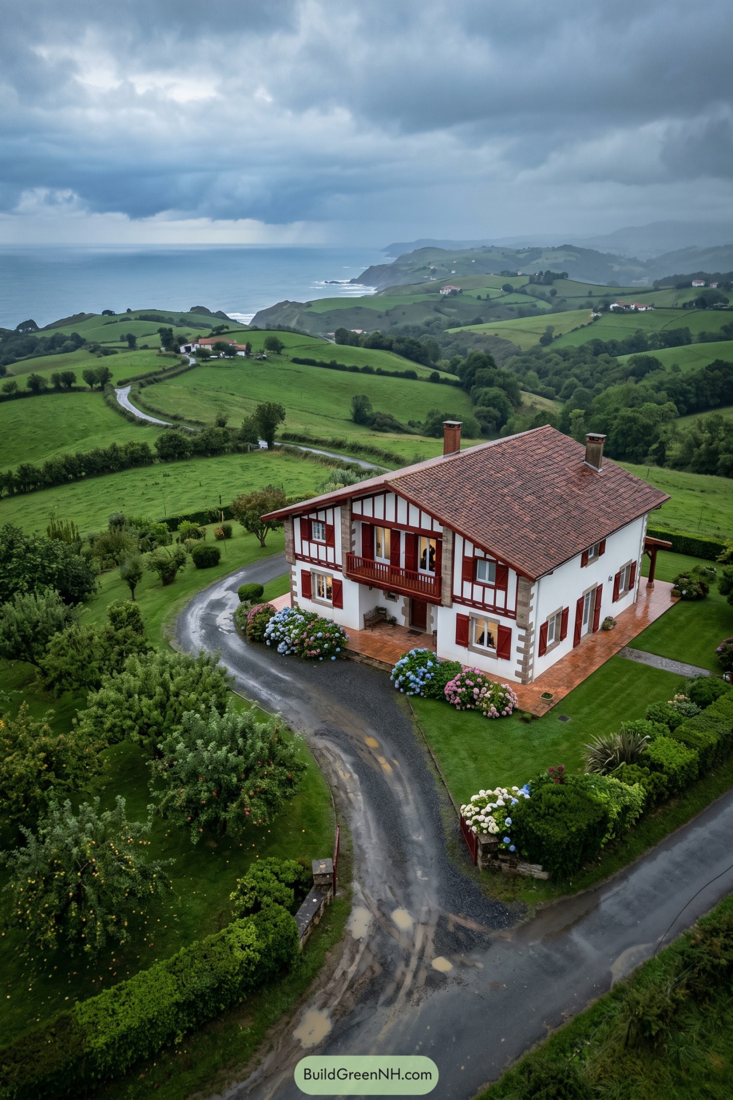 White Basque farmhouse overlooking green coastal hills