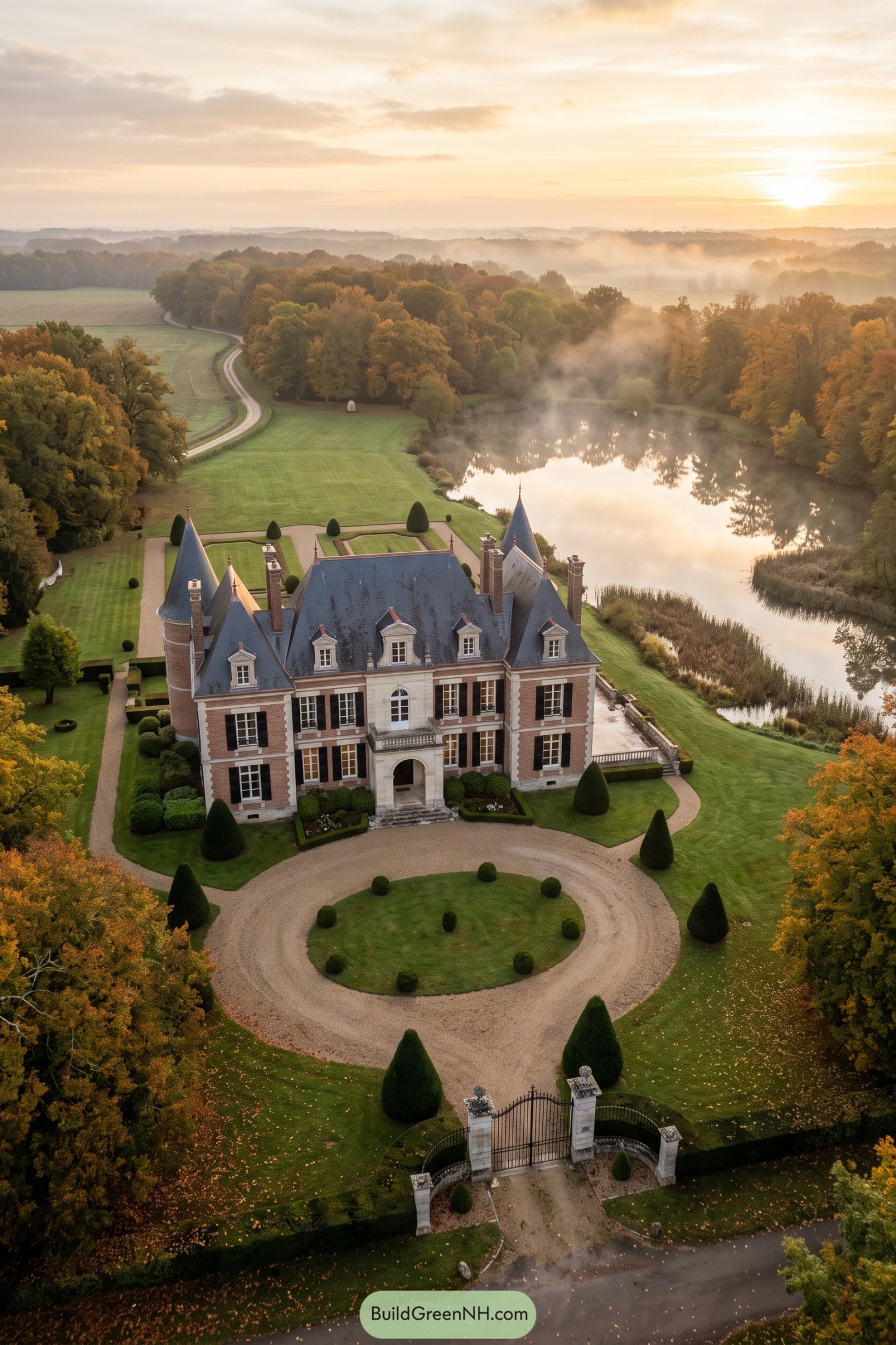 Brick château with turrets beside a misty autumn lake