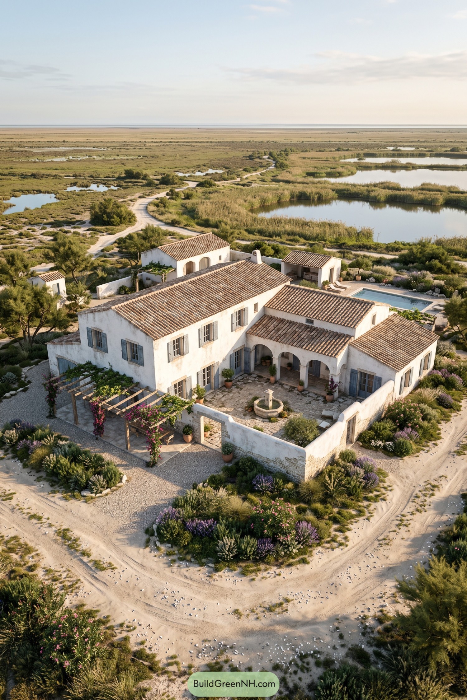 White stucco villa with tiled roofs beside Camargue wetlands