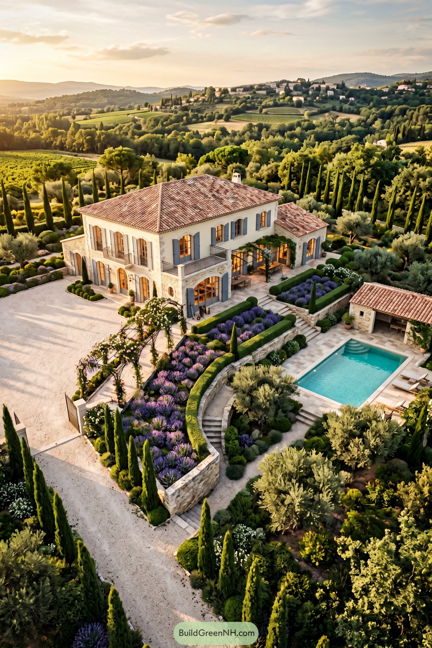 Stone villa with blue shutters beside a pool and lavender terraces