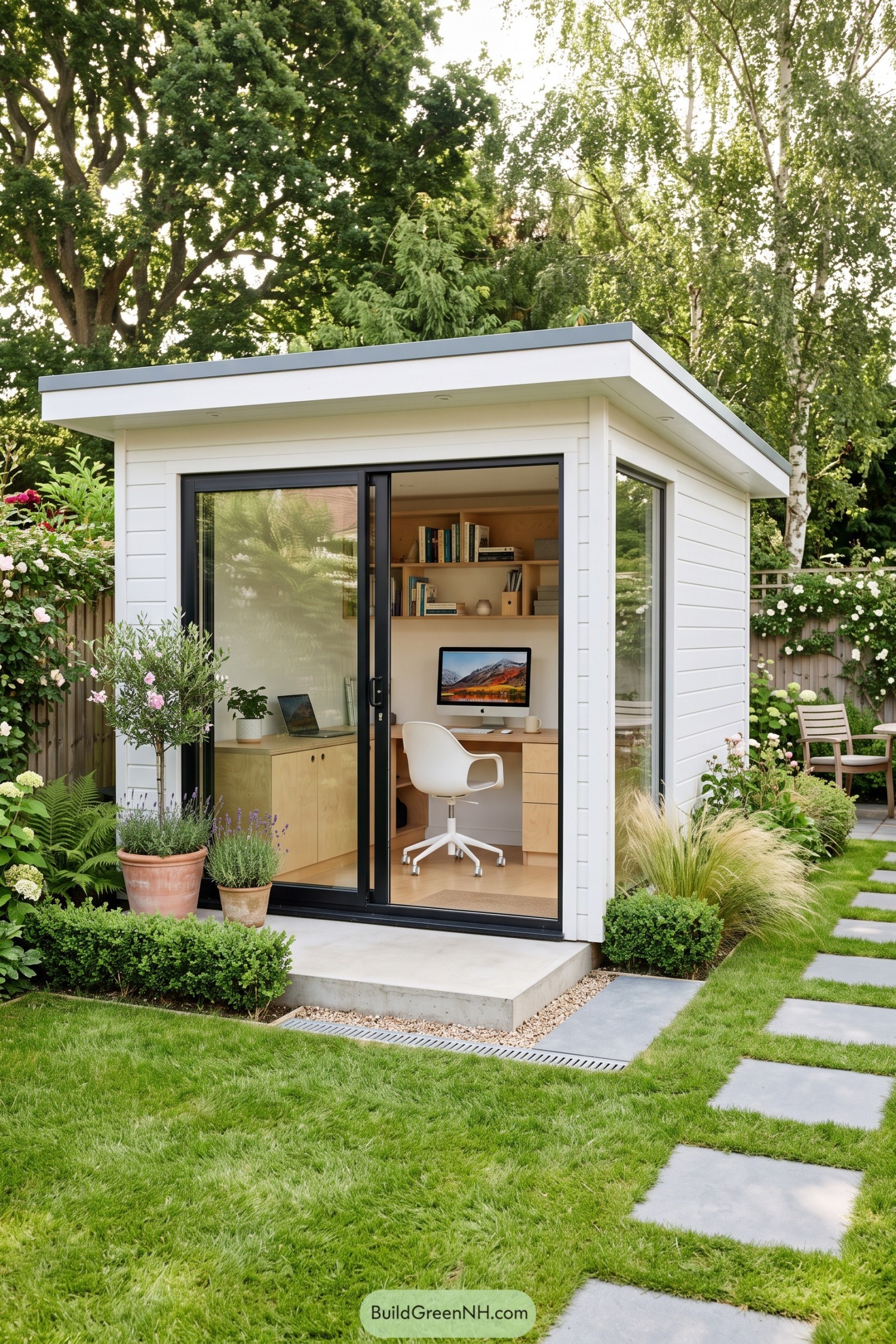 White garden office with sliding glass doors