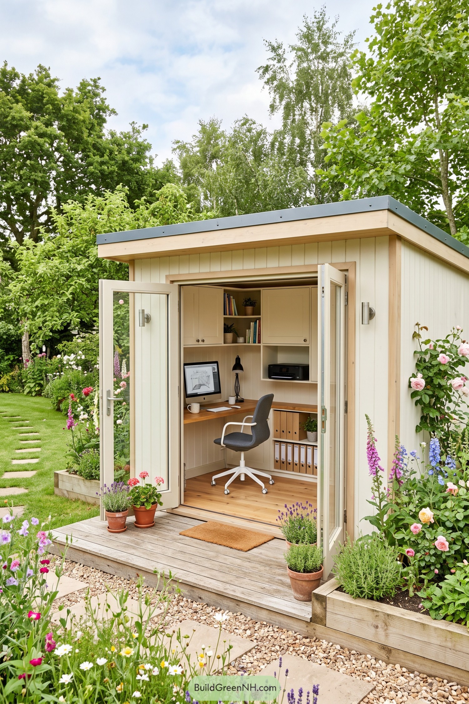 Cream garden office with open glazed doors and flower-lined deck