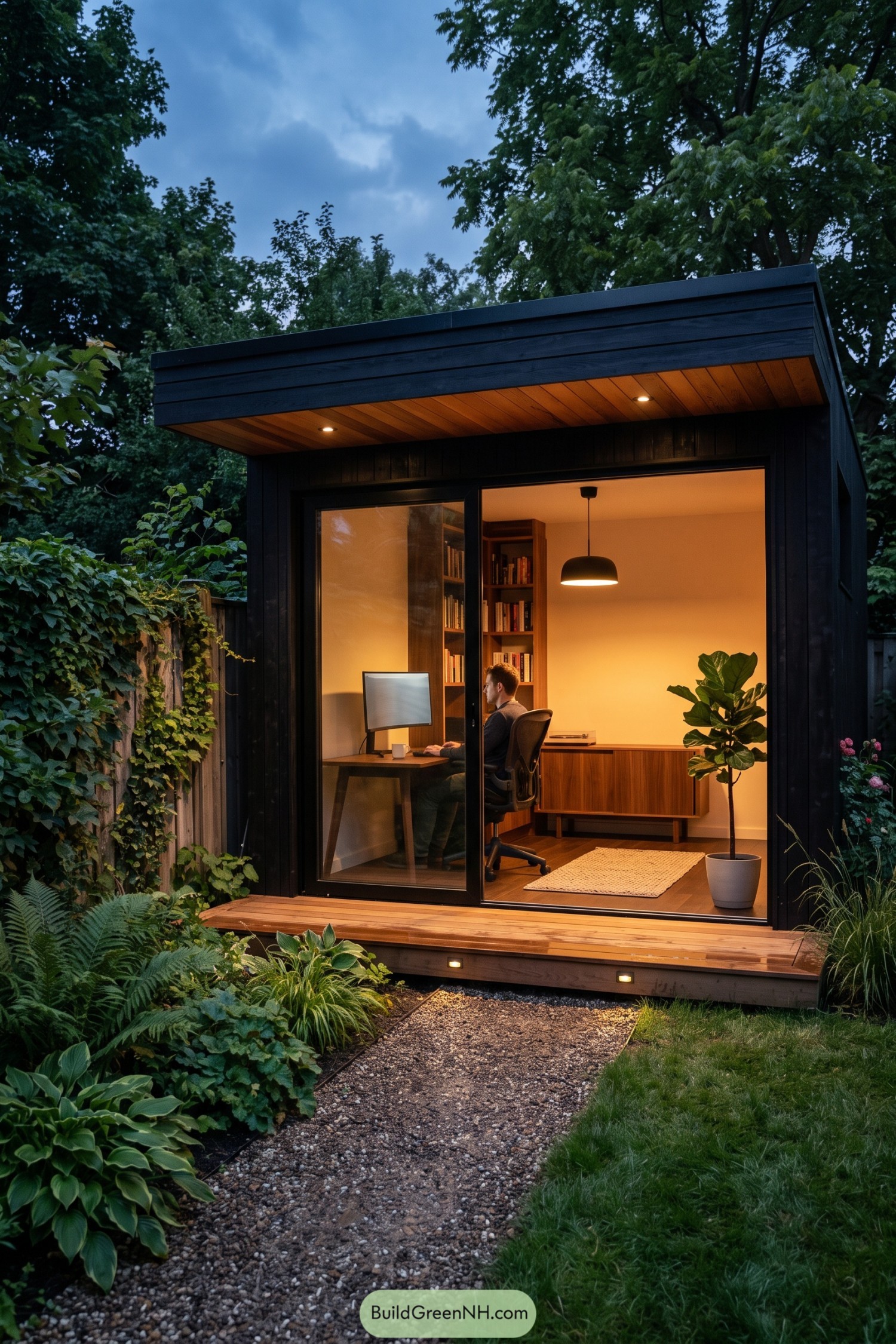 Black timber garden office with glowing interior and sliding glass doors