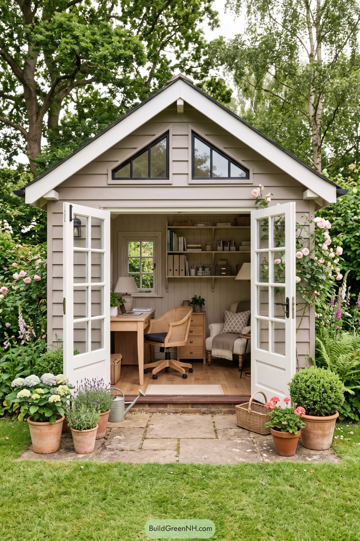 Gabled garden studio with French doors and climbing roses