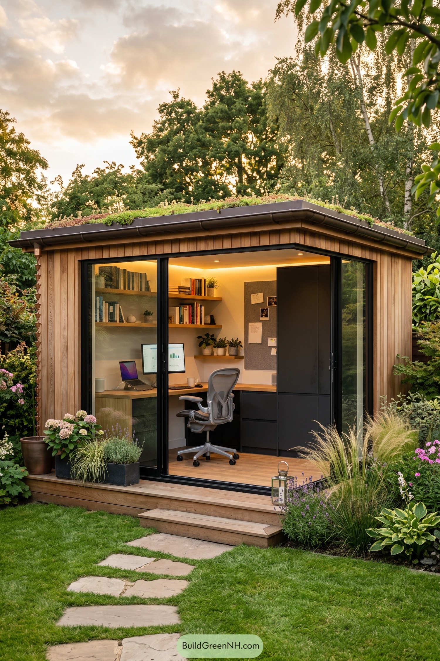 Timber garden office with planted roof and glass doors