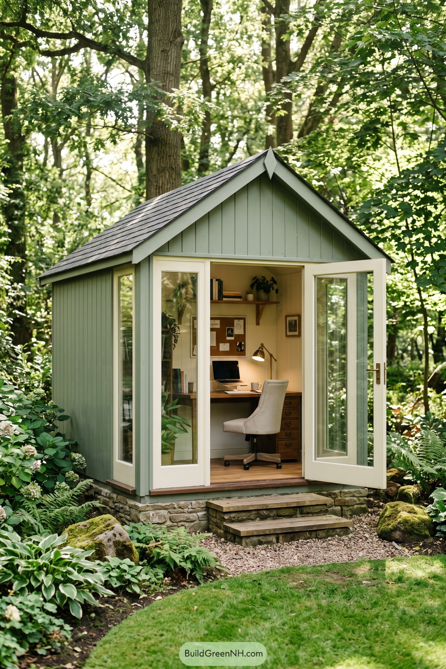 Sage green gabled office cabin with open glazed doors in a leafy garden
