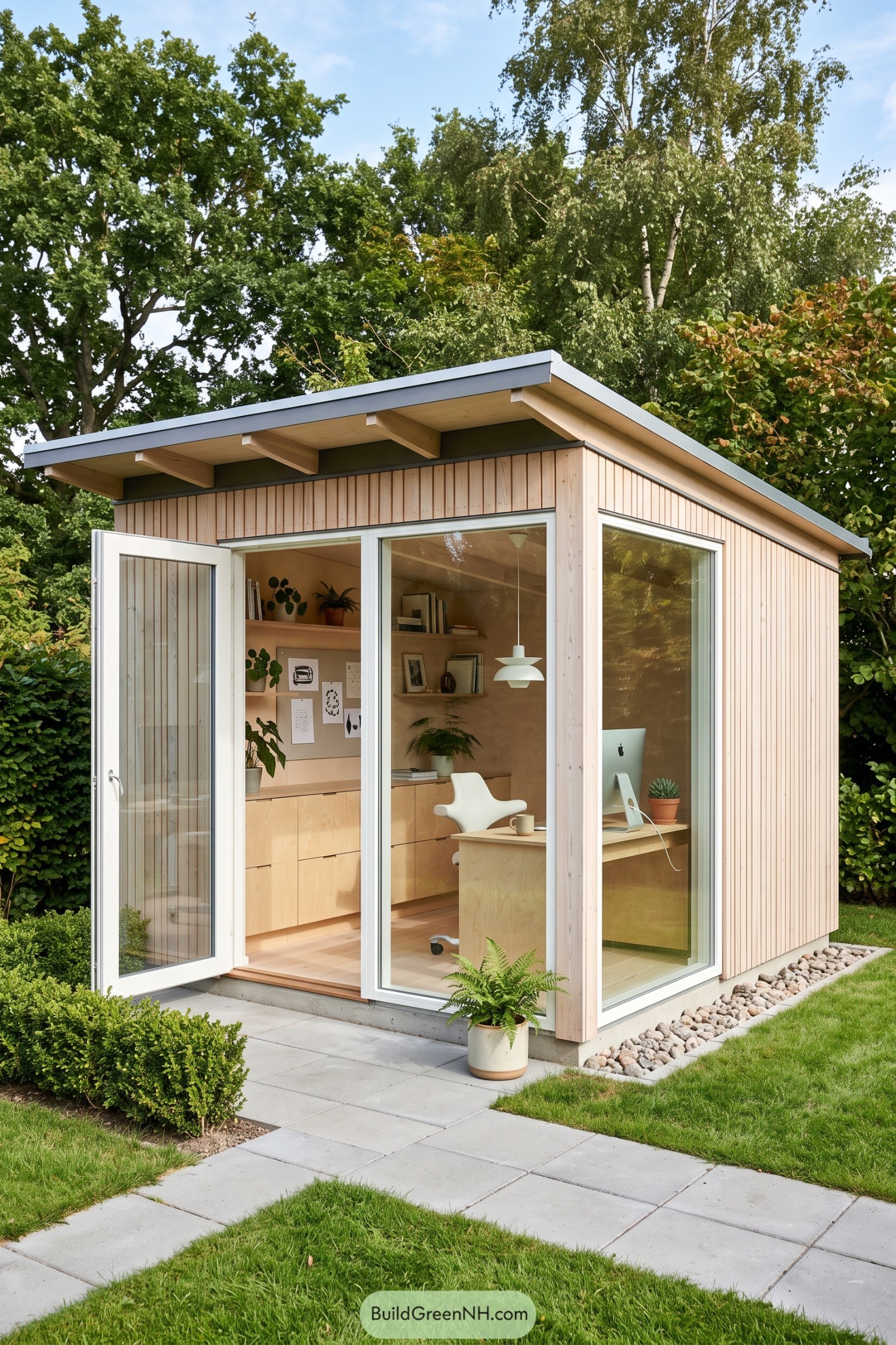 Compact timber garden office with glazed corner and open door