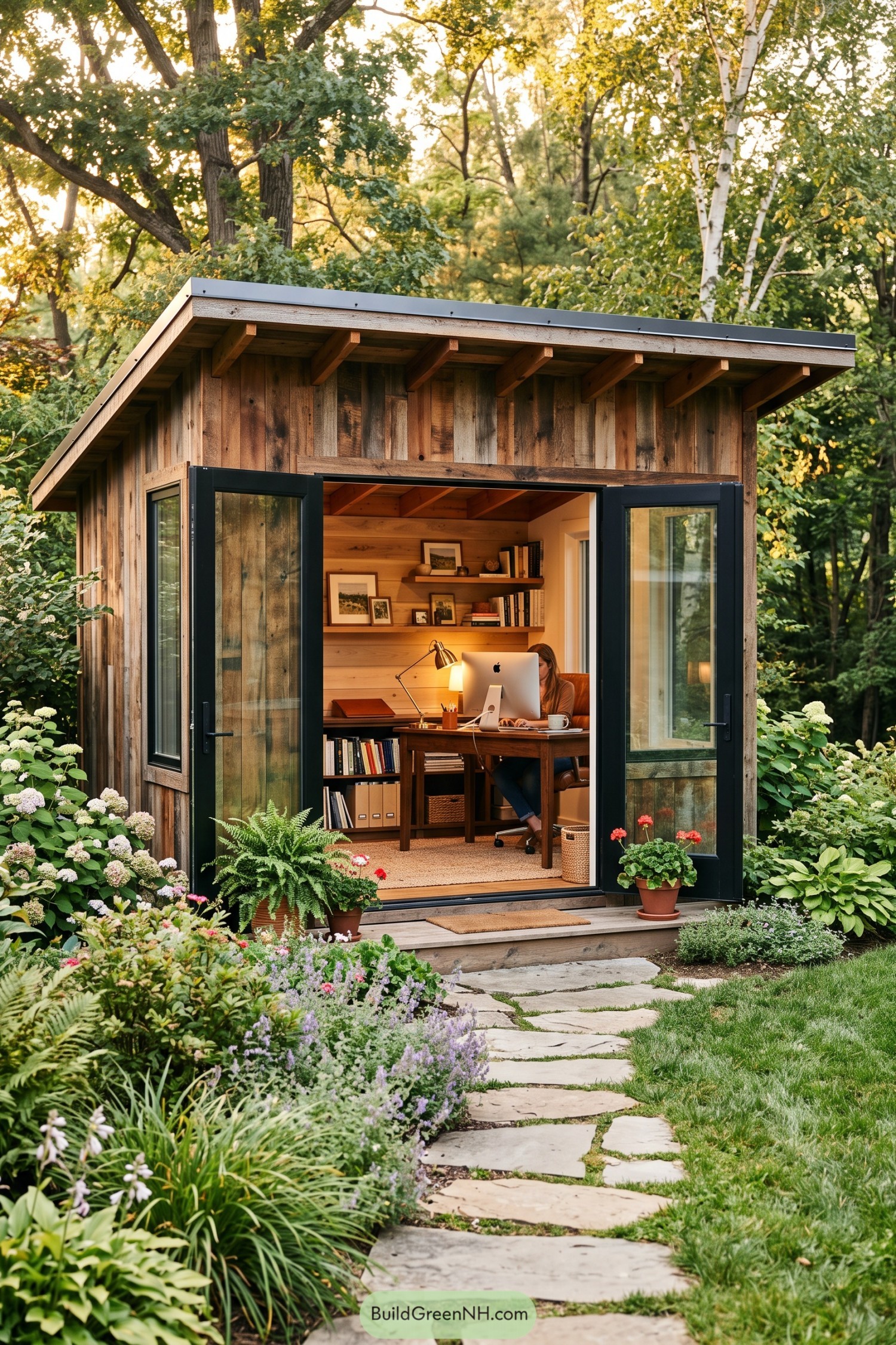 Timber garden office with open black framed doors
