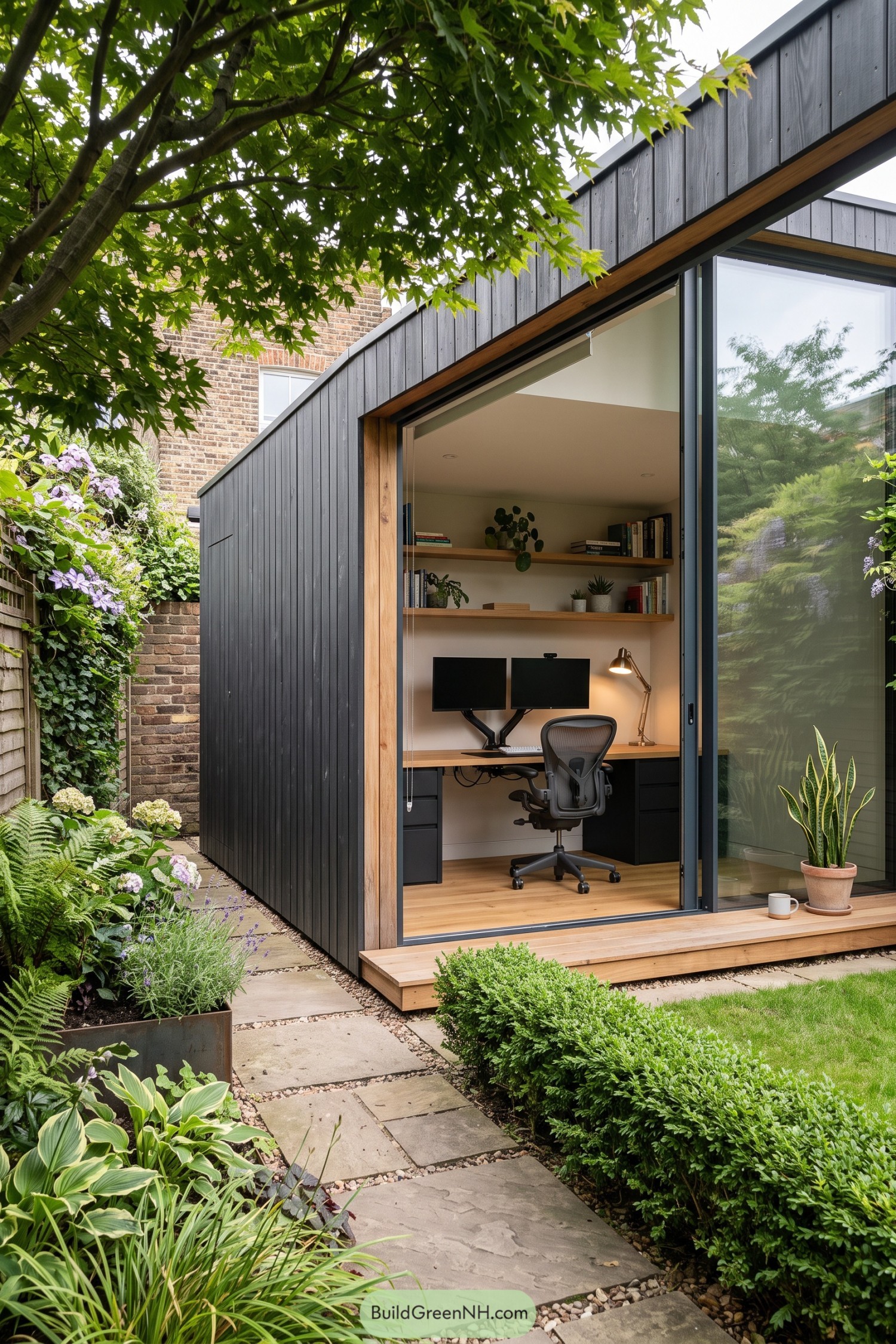 Black timber garden office with wide sliding glass doors