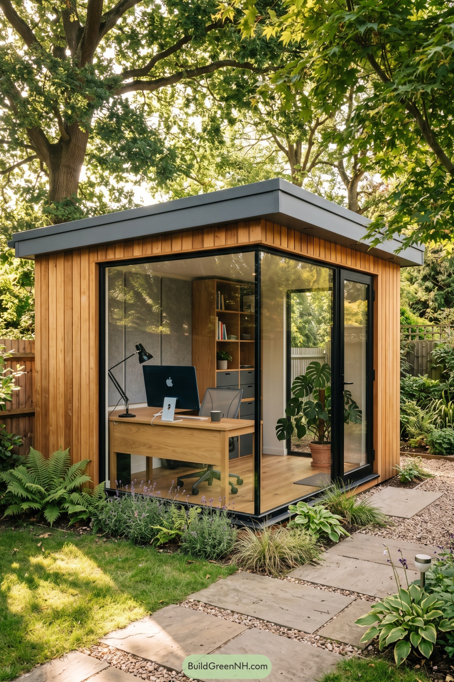 Timber clad garden office with glazed corner walls beneath mature trees