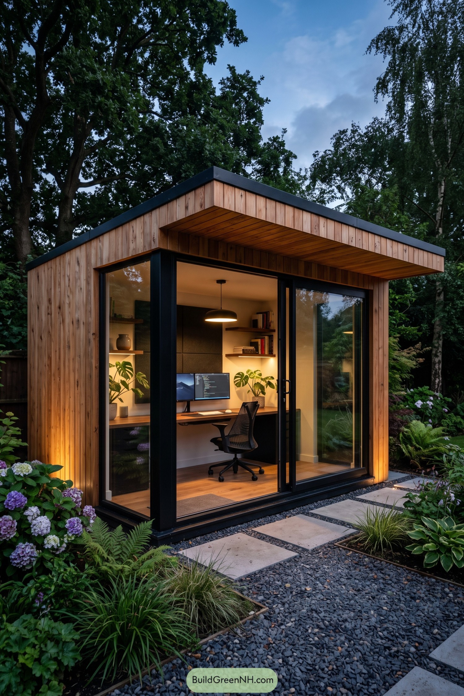 Modern cedar garden office with wide glass doors and dark trim