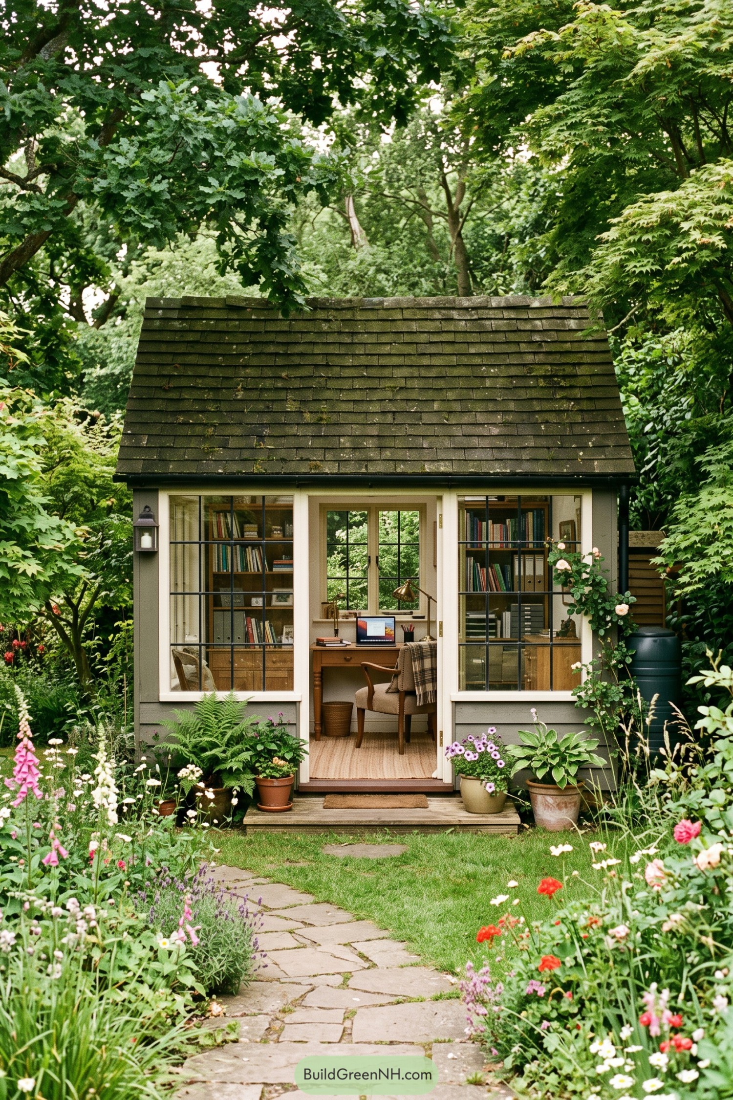Compact garden office with glazed walls and a steep shingled roof