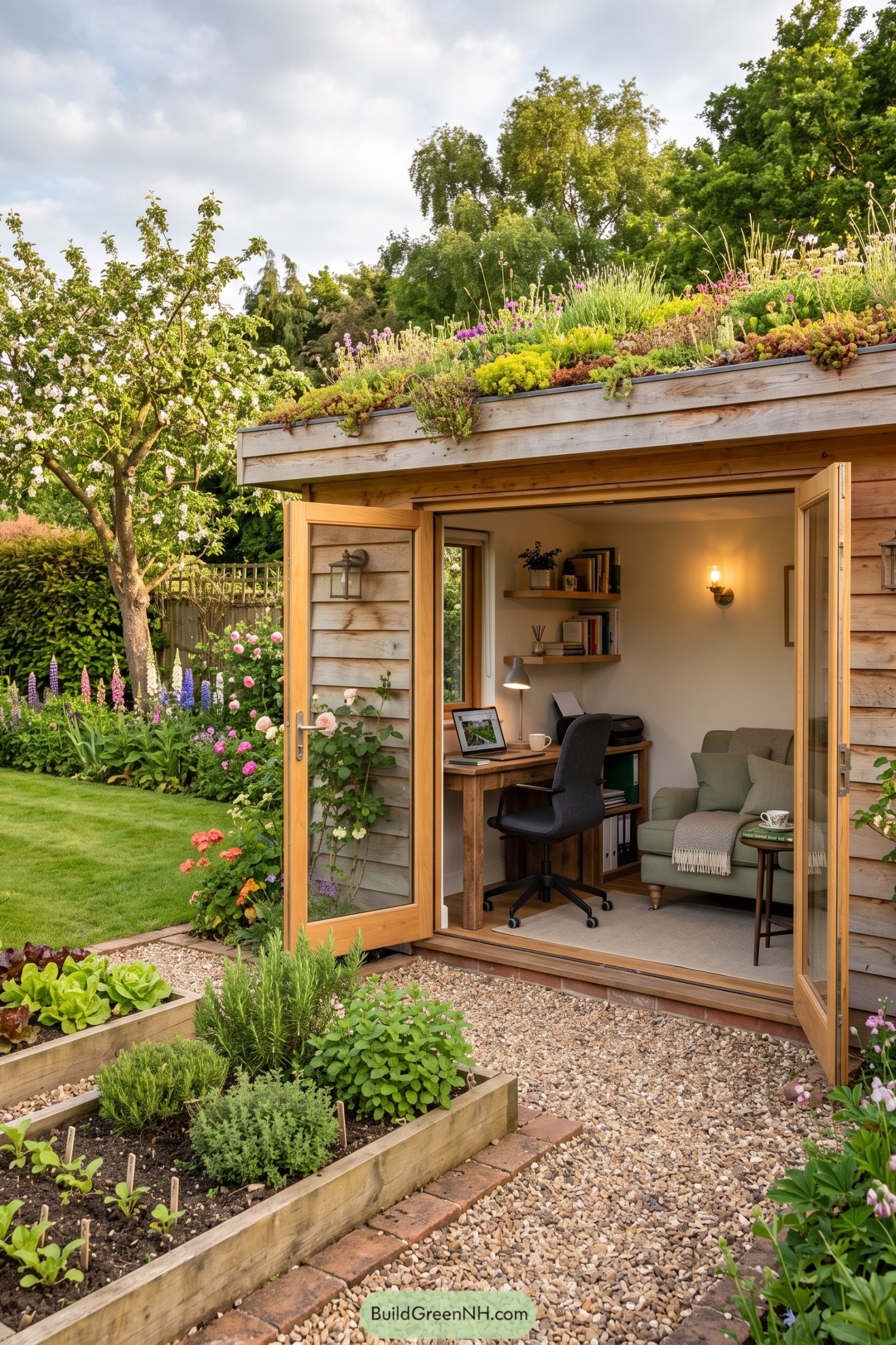 Timber garden office with a flowering green roof and open double doors