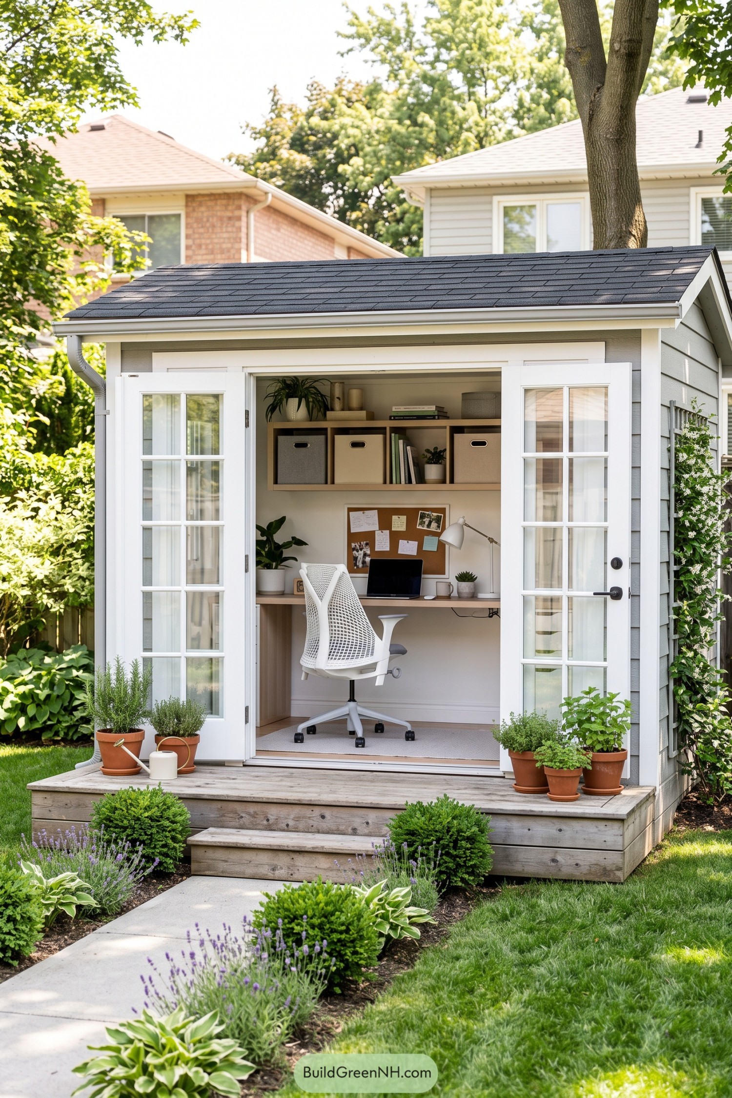 Compact gray garden office with open French doors and timber porch